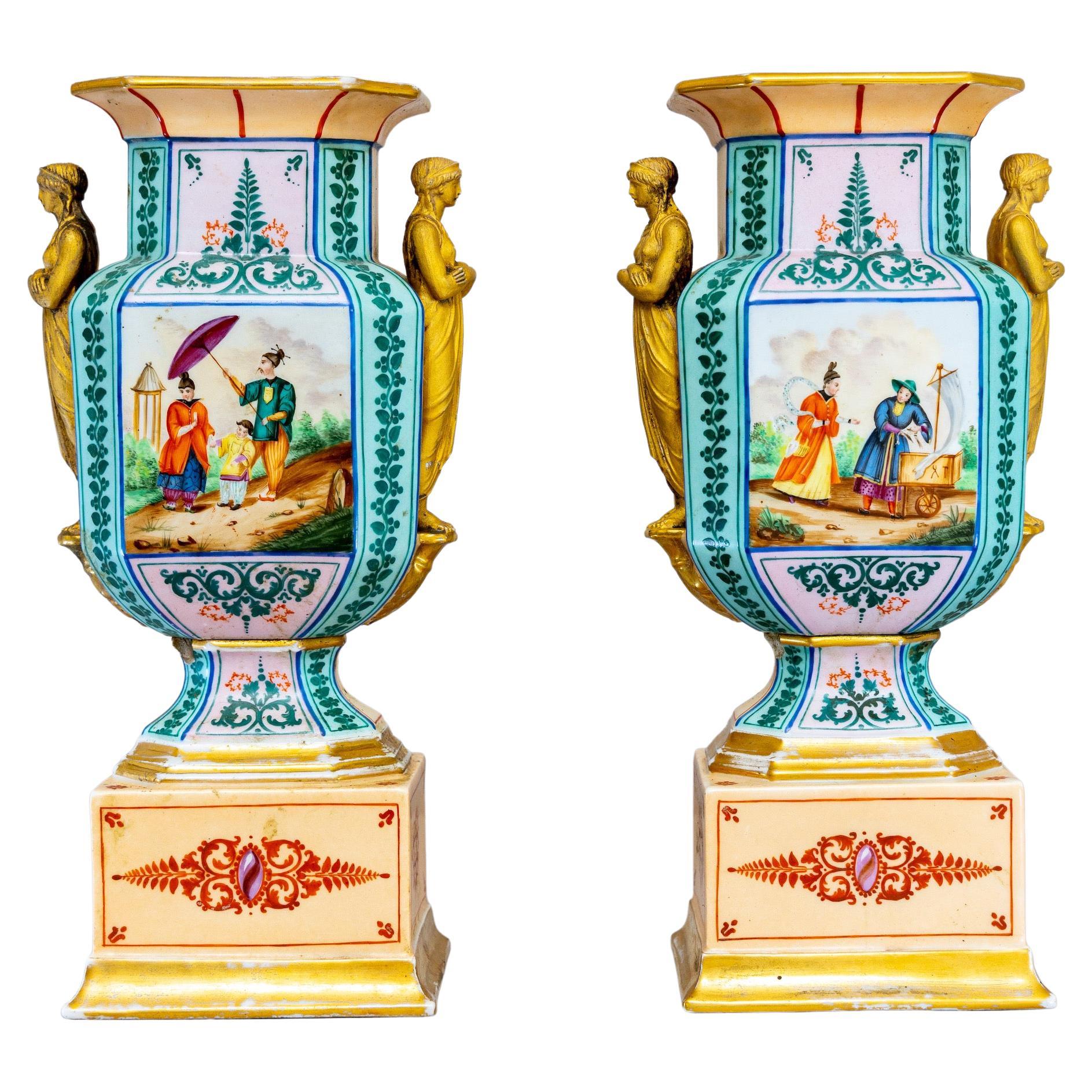 Pair of Ceramic Amphoras with figurative Scenes, Blue and Gold, around 1830 For Sale
