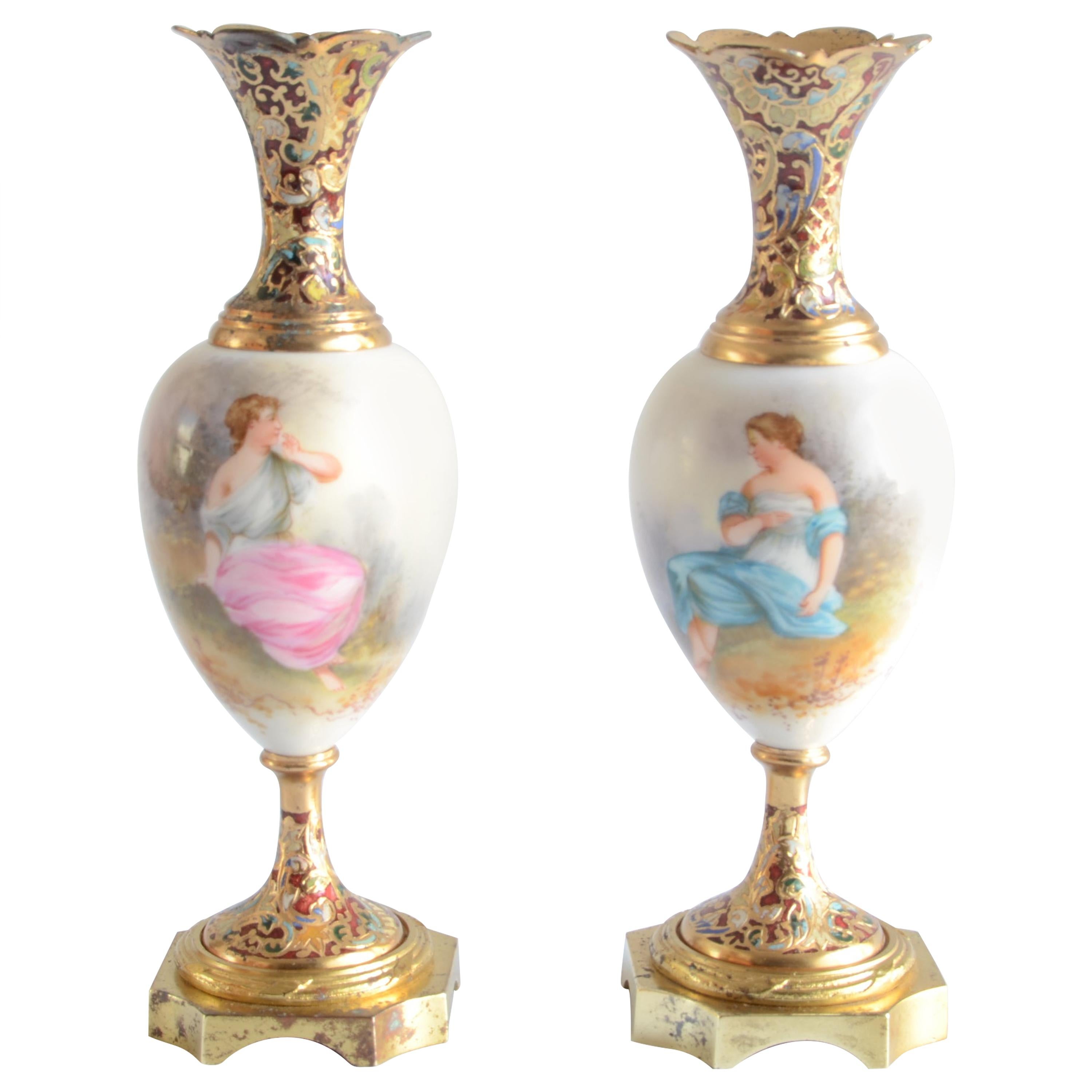 pair of amphorae Sevres hand painted porcelain with champlevé  Origin France For Sale