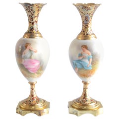 pair of amphorae Sevres hand painted porcelain with champlevé  Origin France