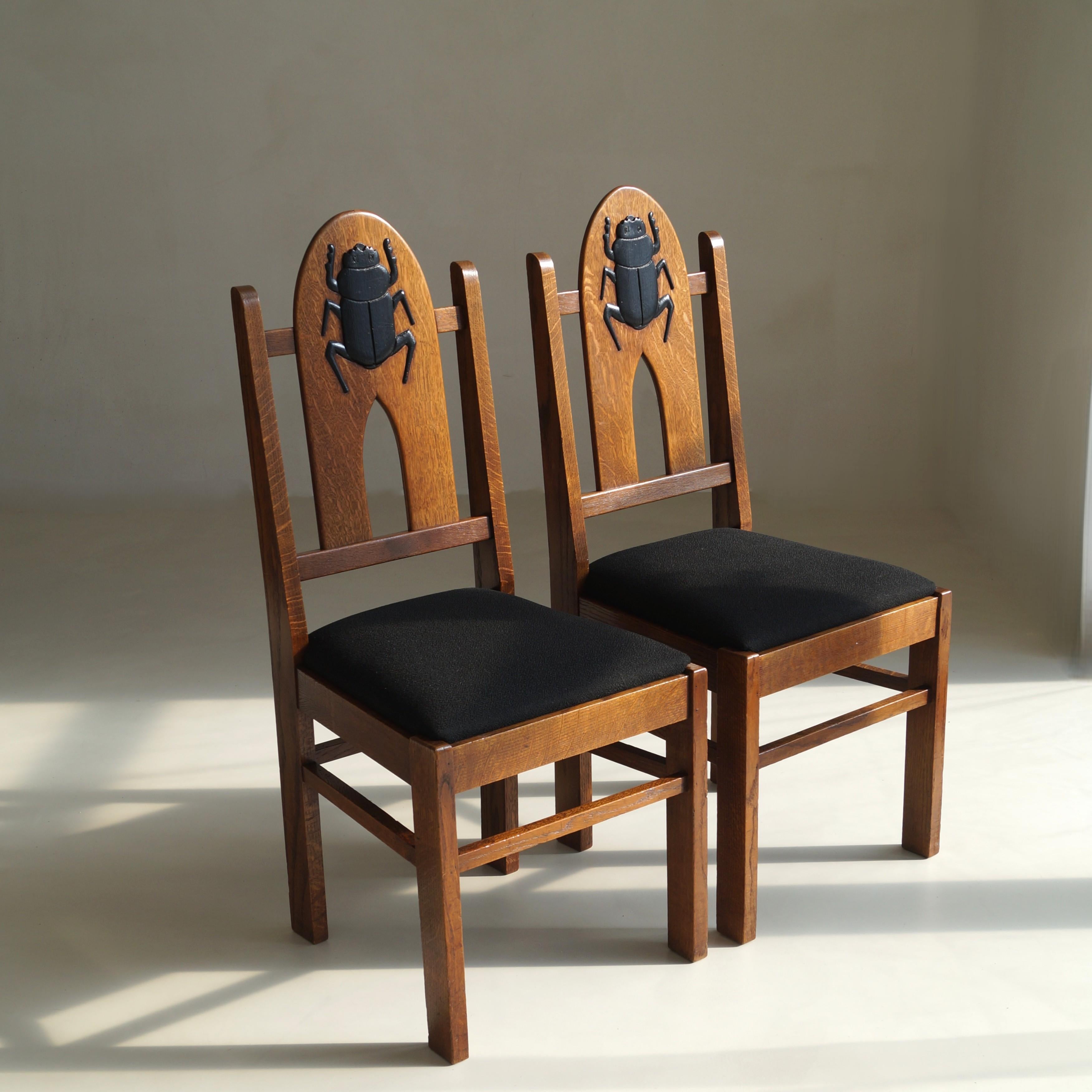 Art Deco Pair of Amsterdam School Chairs with 'Egyptomania' Scarabs on backrest, c. 1925 For Sale