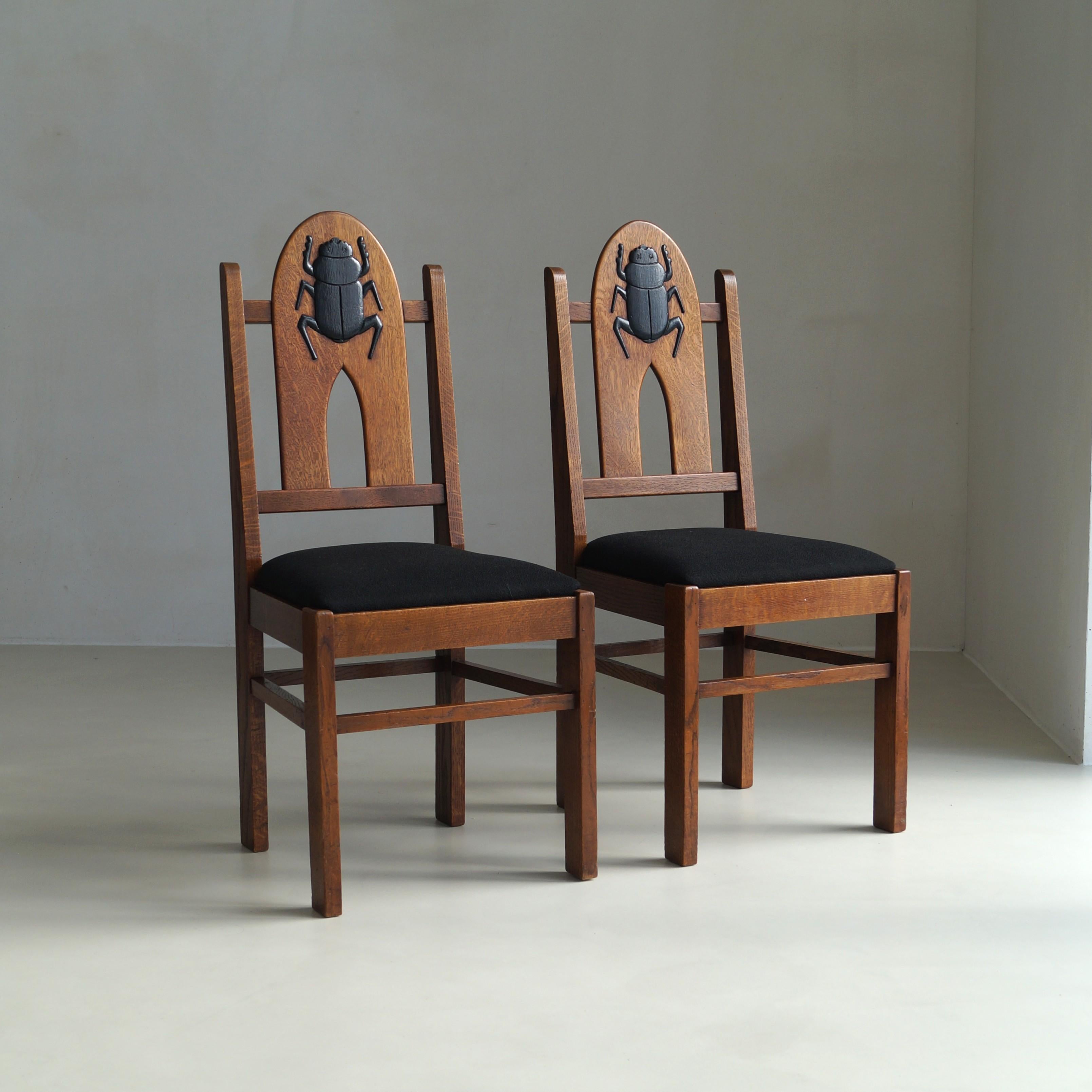 Hand-Crafted Pair of Amsterdam School Chairs with 'Egyptomania' Scarabs on backrest, c. 1925 For Sale