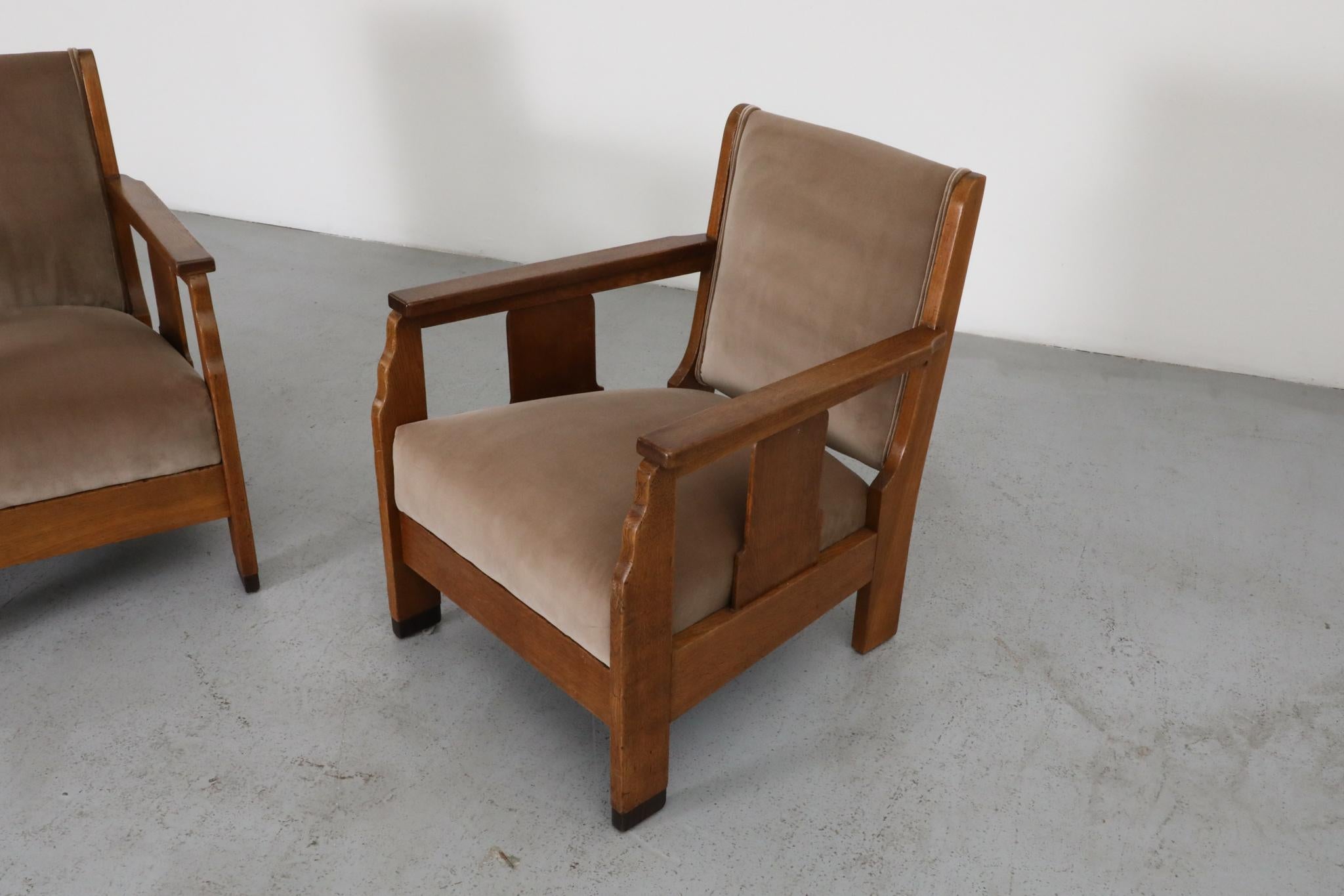 Paire de chaises longues d'école d'Amsterdam avec assise en velours jute et bois Art déco en vente 4