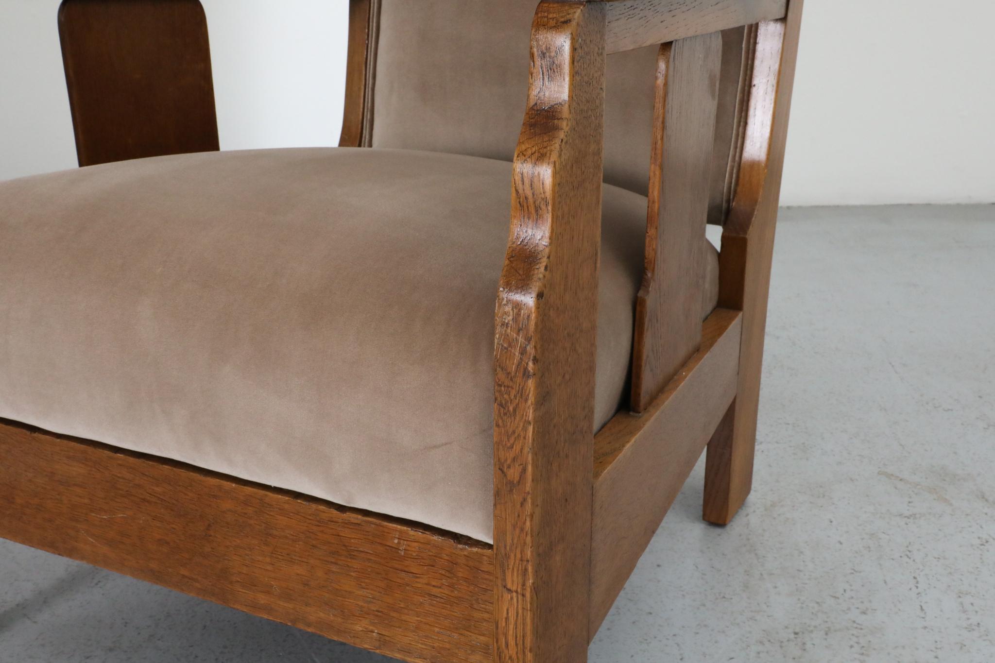 Paire de chaises longues d'école d'Amsterdam avec assise en velours jute et bois Art déco en vente 9