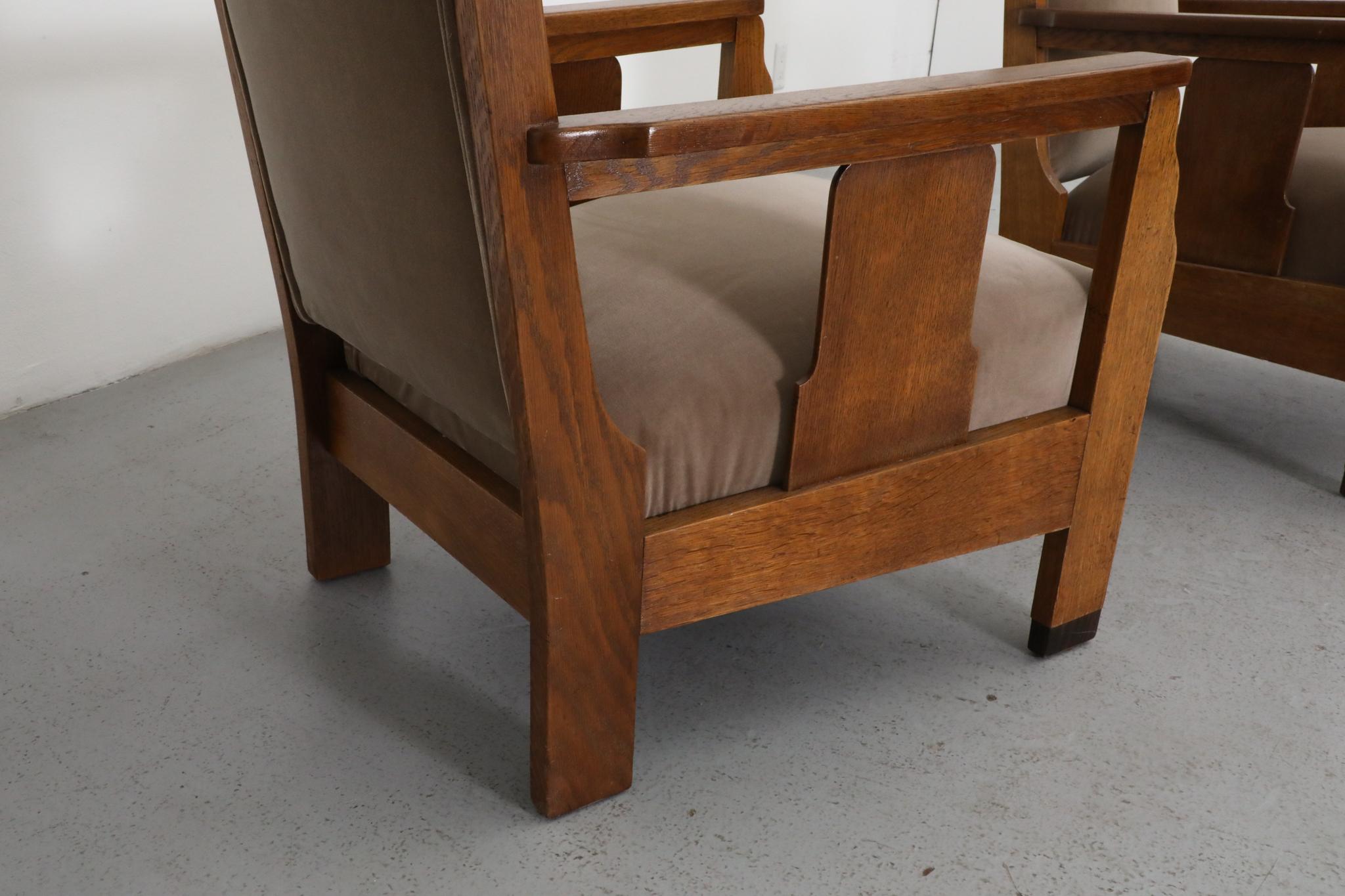 Paire de chaises longues d'école d'Amsterdam avec assise en velours jute et bois Art déco en vente 13