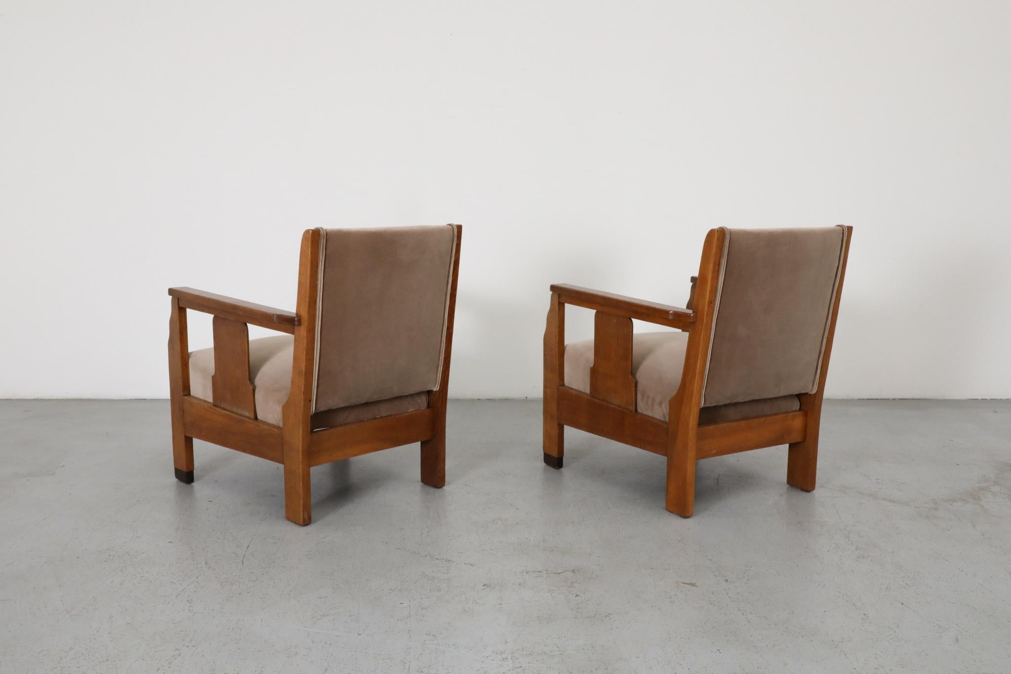 Chêne Paire de chaises longues d'école d'Amsterdam avec assise en velours jute et bois Art déco en vente