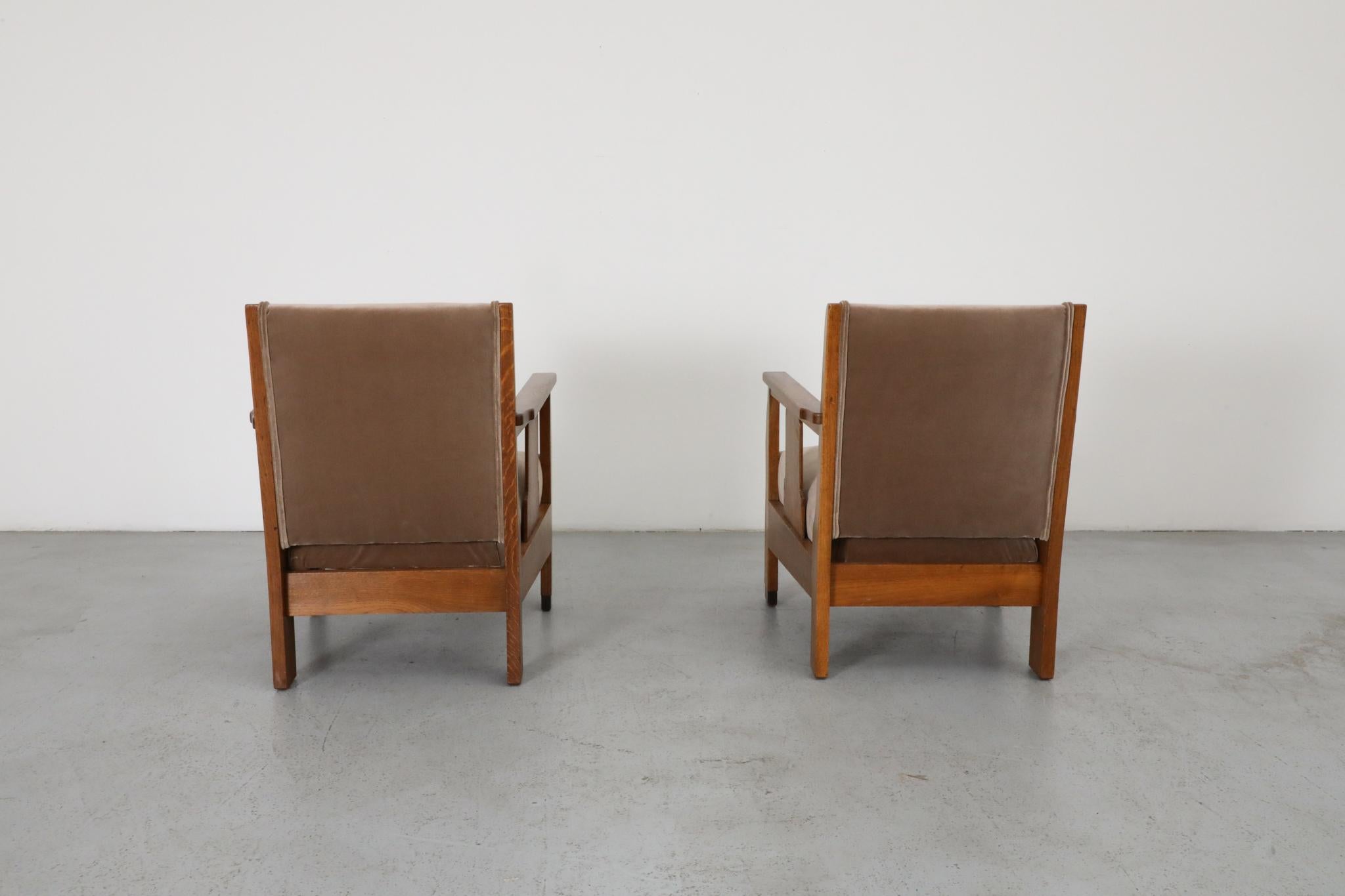 Paire de chaises longues d'école d'Amsterdam avec assise en velours jute et bois Art déco en vente 1