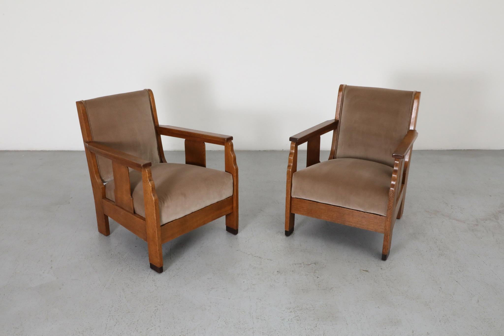 Pair of Amsterdam School Lounge Chairs with Jute Velvet Seating & Art Deco Wood For Sale 3