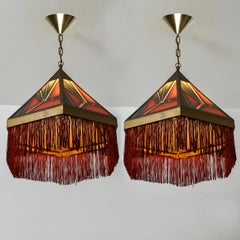 Pair of Amsterdamse School Art Deco Stained Glass Pedant Lights
