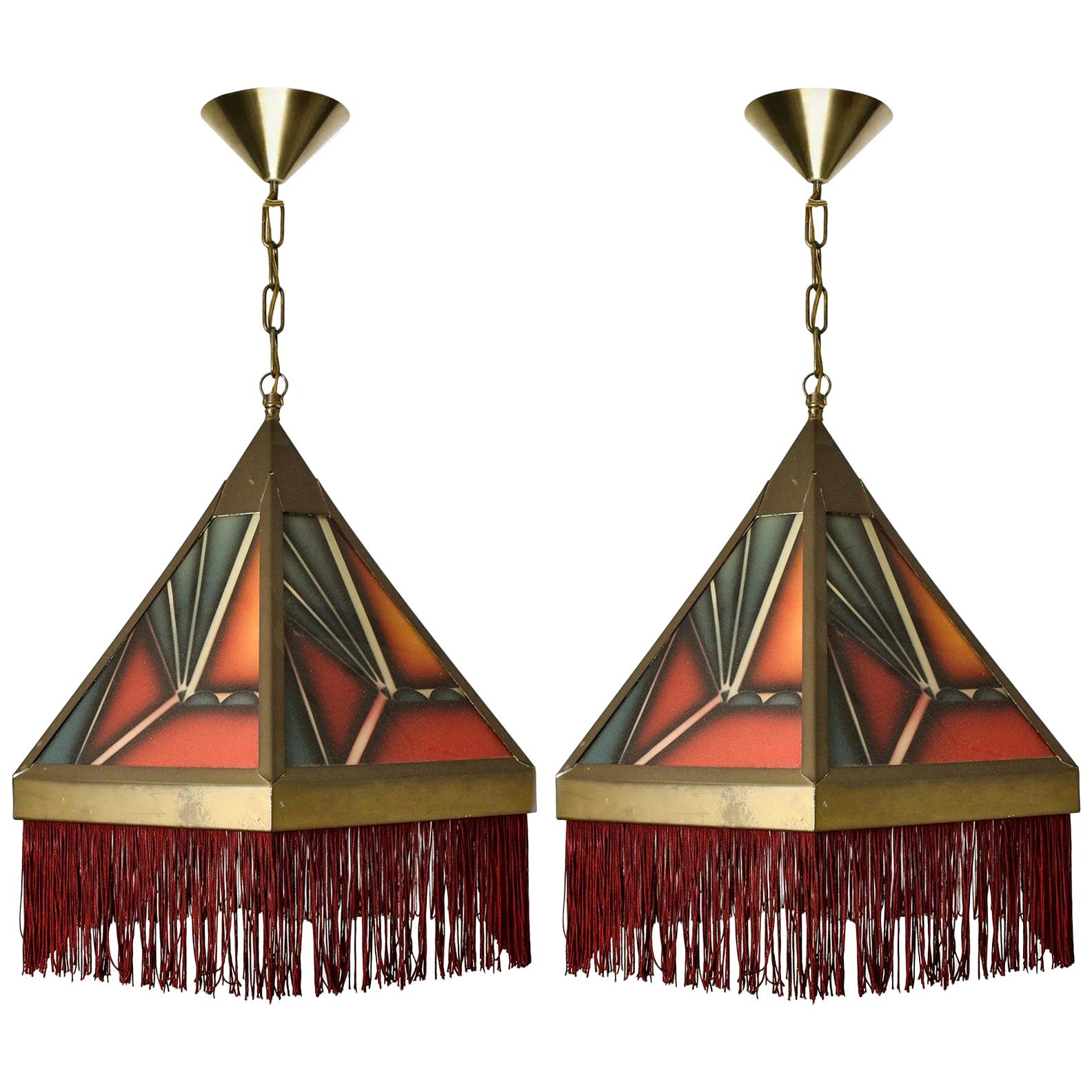 Pair of Amsterdamse School Art Deco Stained Glass Pedant Lights