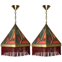 Pair of Amsterdamse School Art Deco Stained Glass Pedant Lights