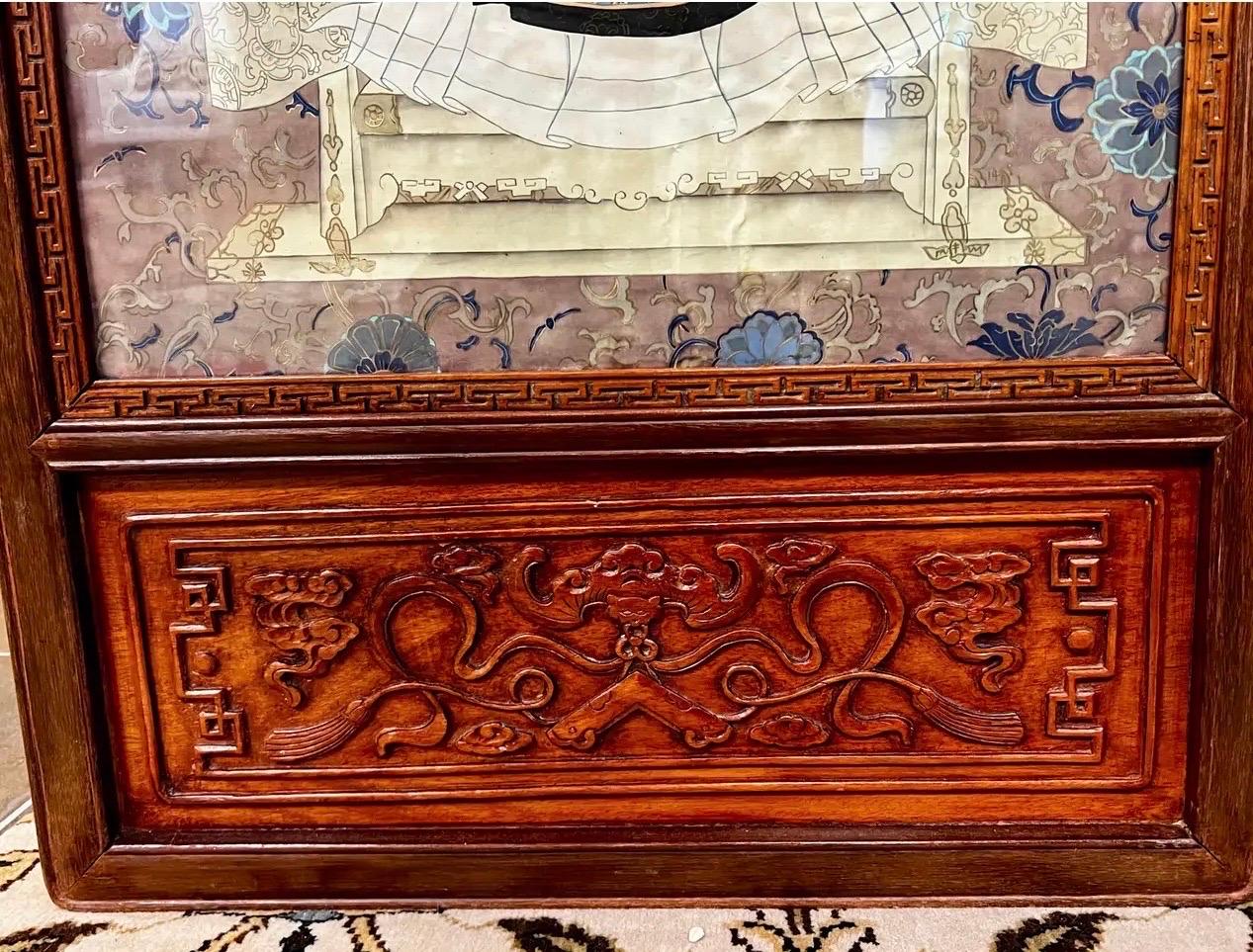 Chinese Pair of Ancestral Watercolor Paintings Carved Frames Panels Large