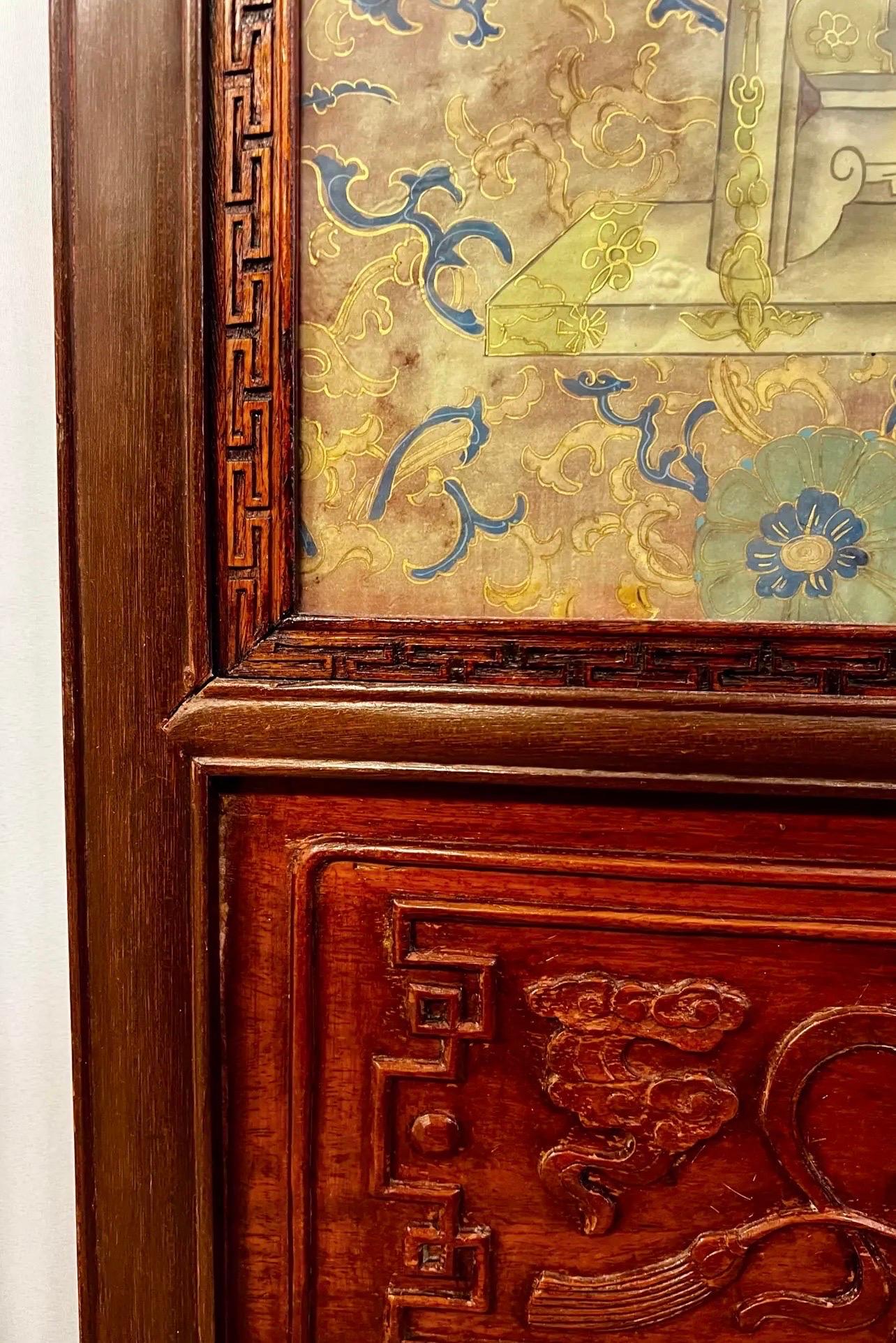 Pair of Ancestral Watercolor Paintings Carved Frames Panels Large 2