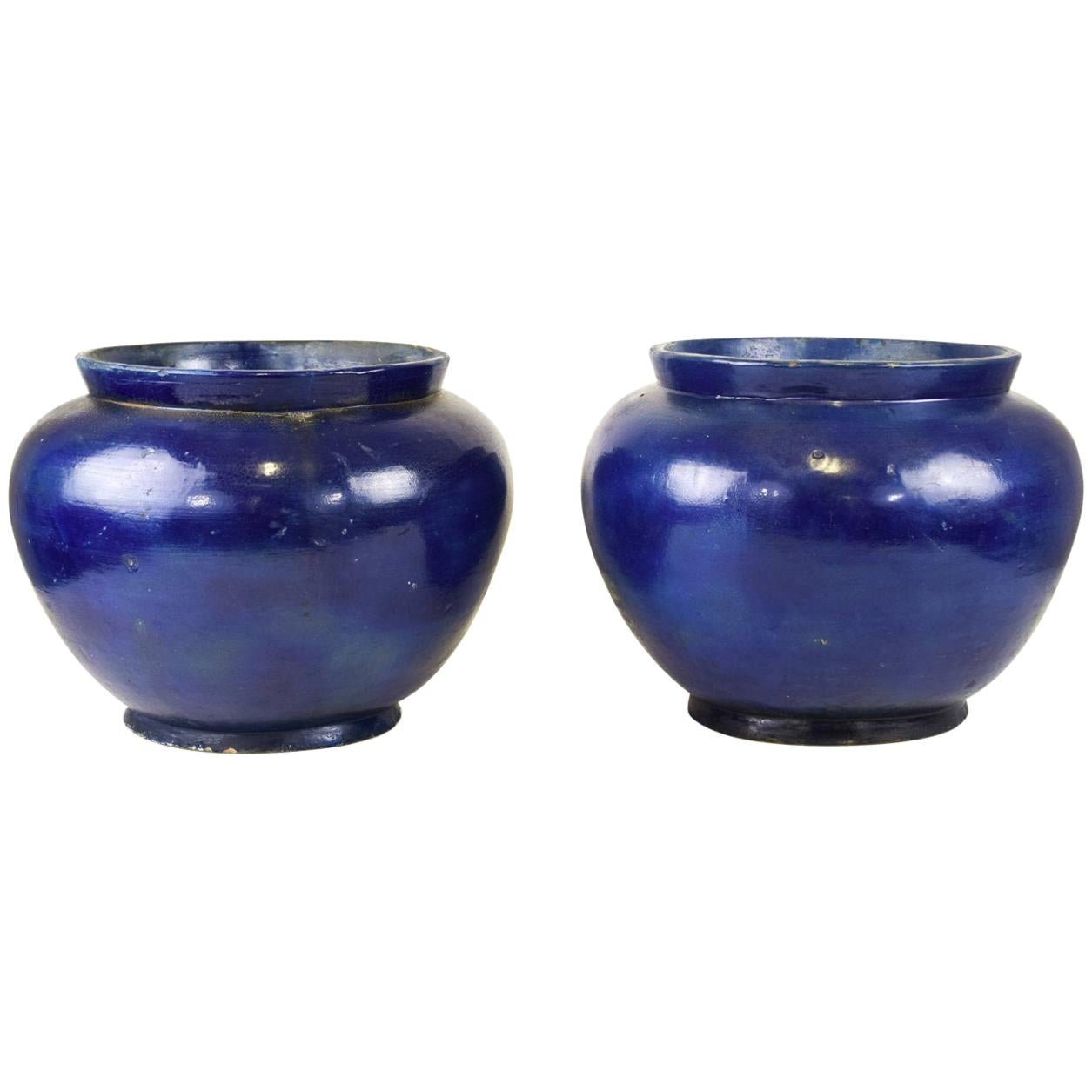 Pair of Ancient Blue Terracotta Vases, by Oriental Manufacture, 19th Century