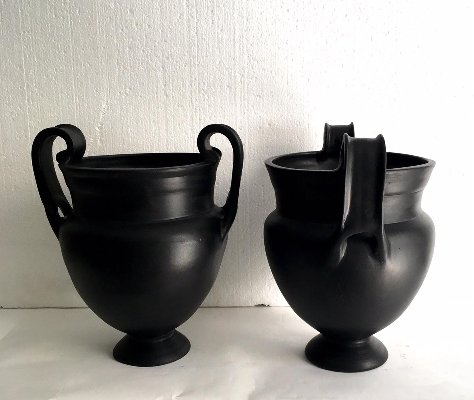 Hand-Painted Pair of Ancient Greek Style Black Vases