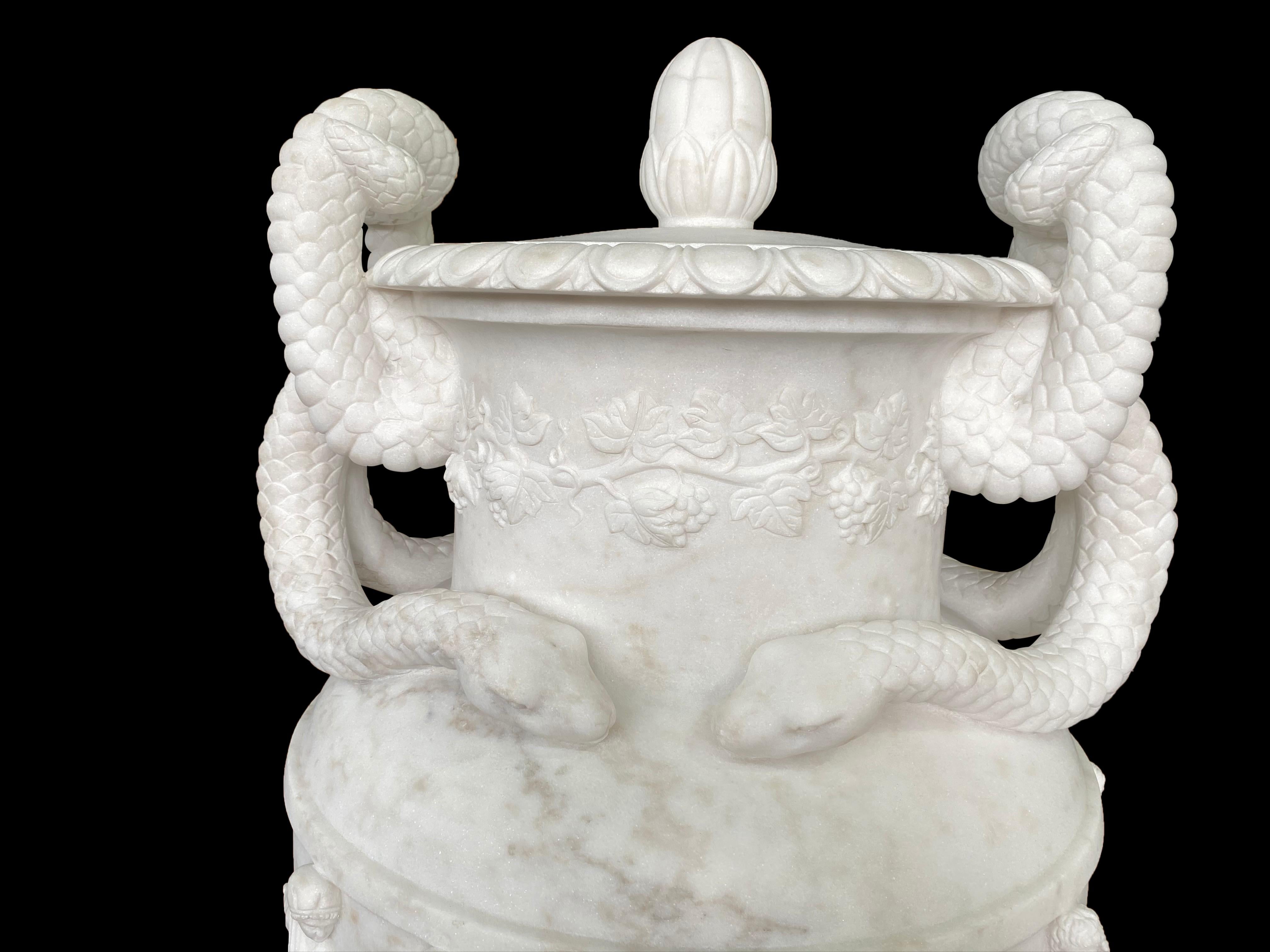 Pair of Ancient Greek Style White Carrara Marble Urns, late 20th Century For Sale 7