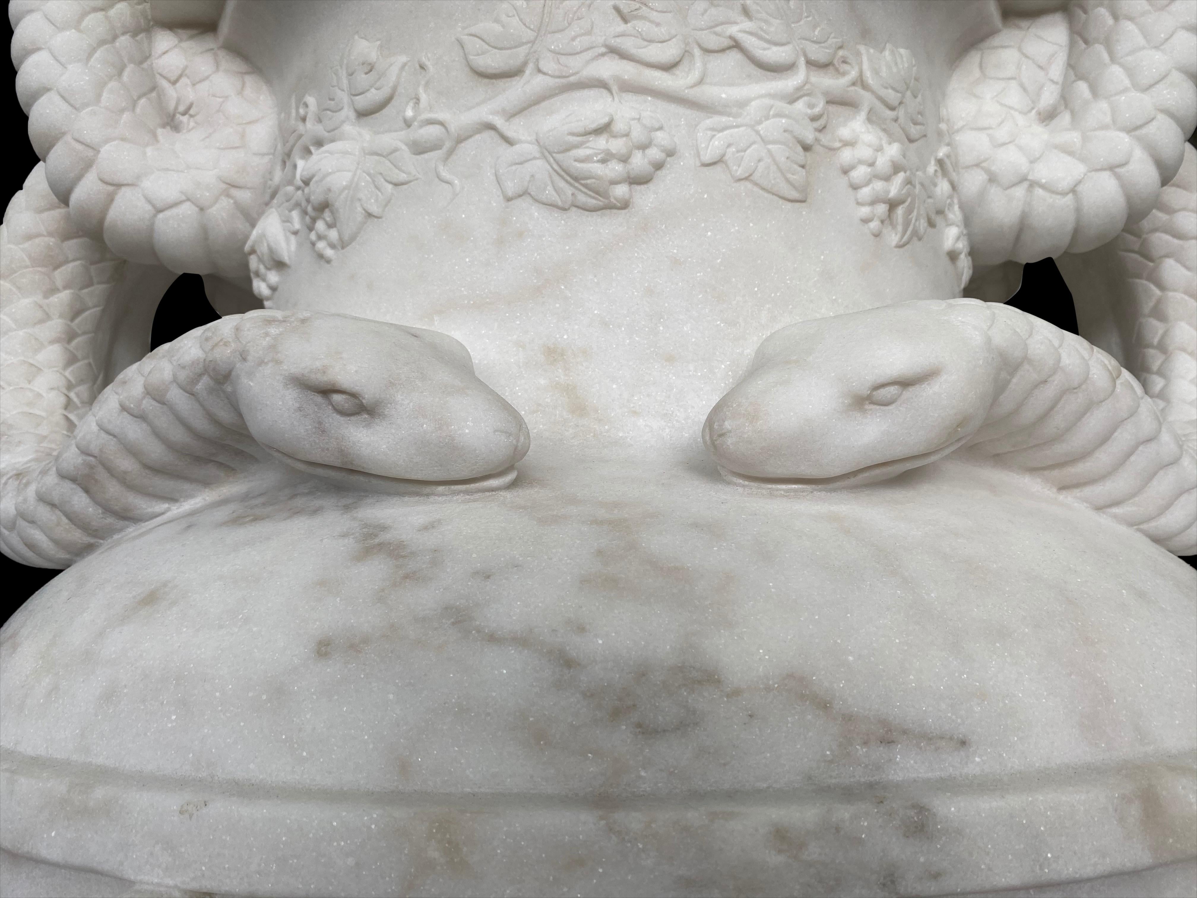 Pair of Ancient Greek Style White Carrara Marble Urns, late 20th Century For Sale 8