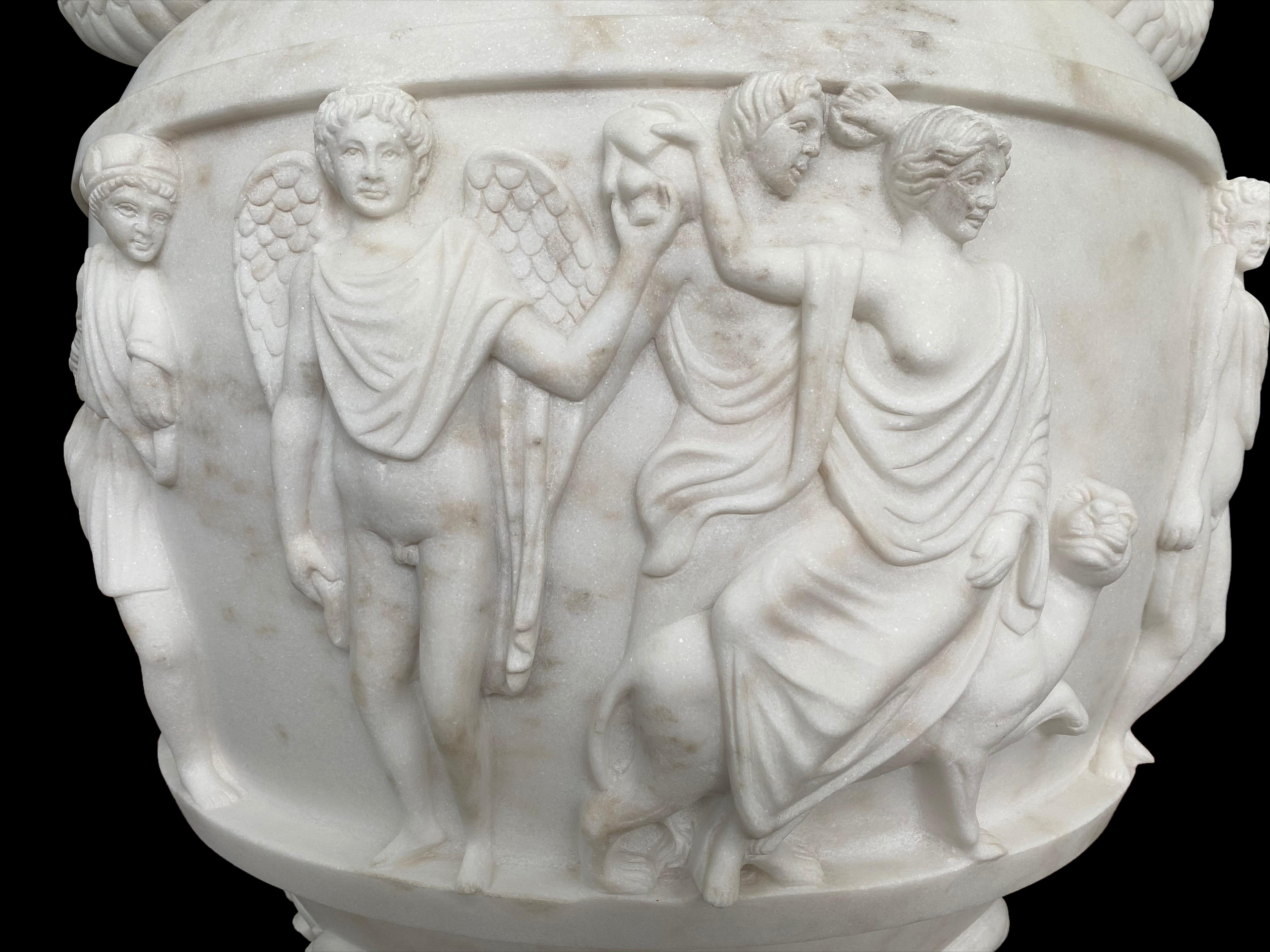 Pair of Ancient Greek Style White Carrara Marble Urns, late 20th Century For Sale 10