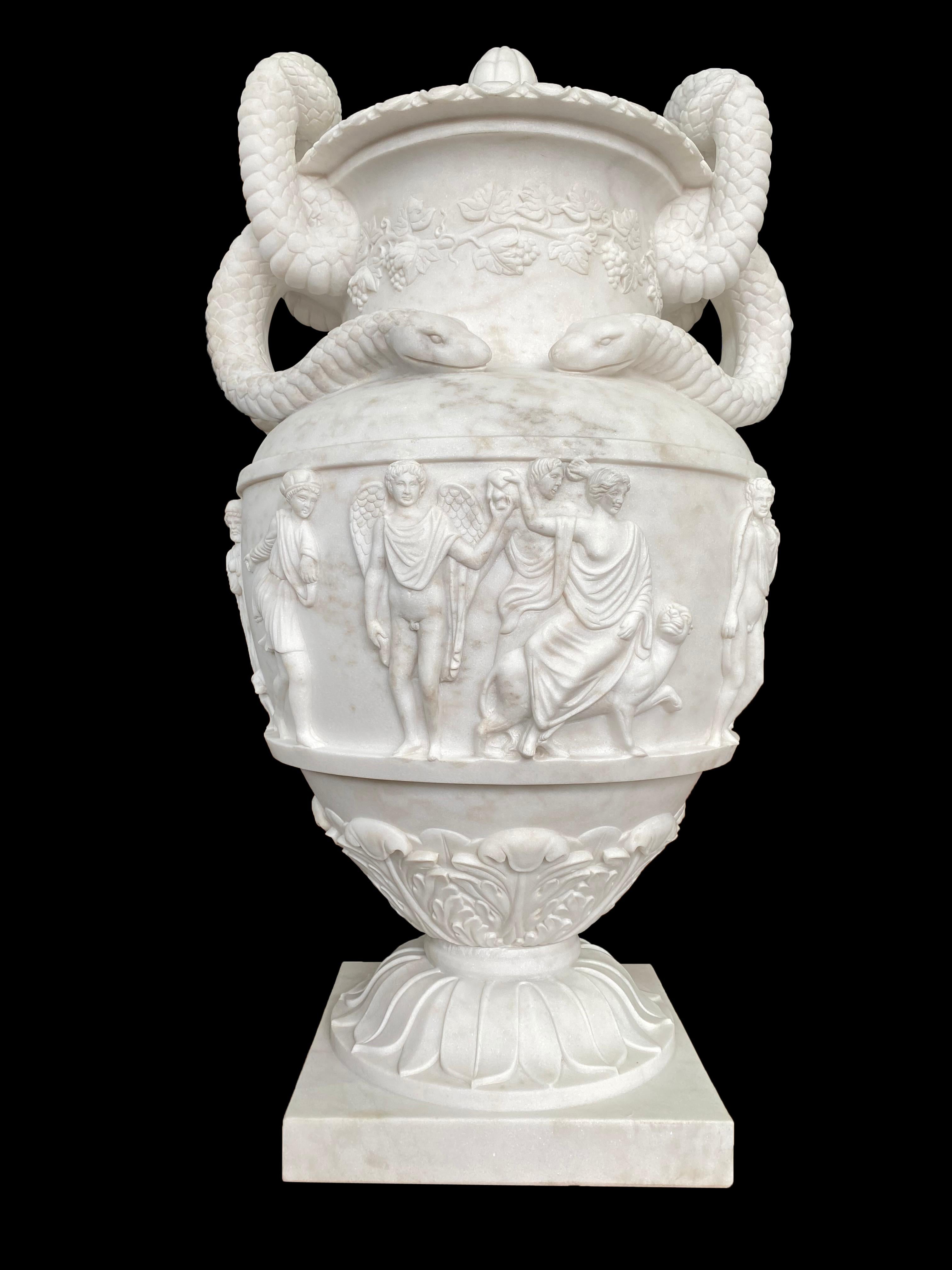 Pair of Ancient Greek Style White Carrara Marble Urns, late 20th Century For Sale 11