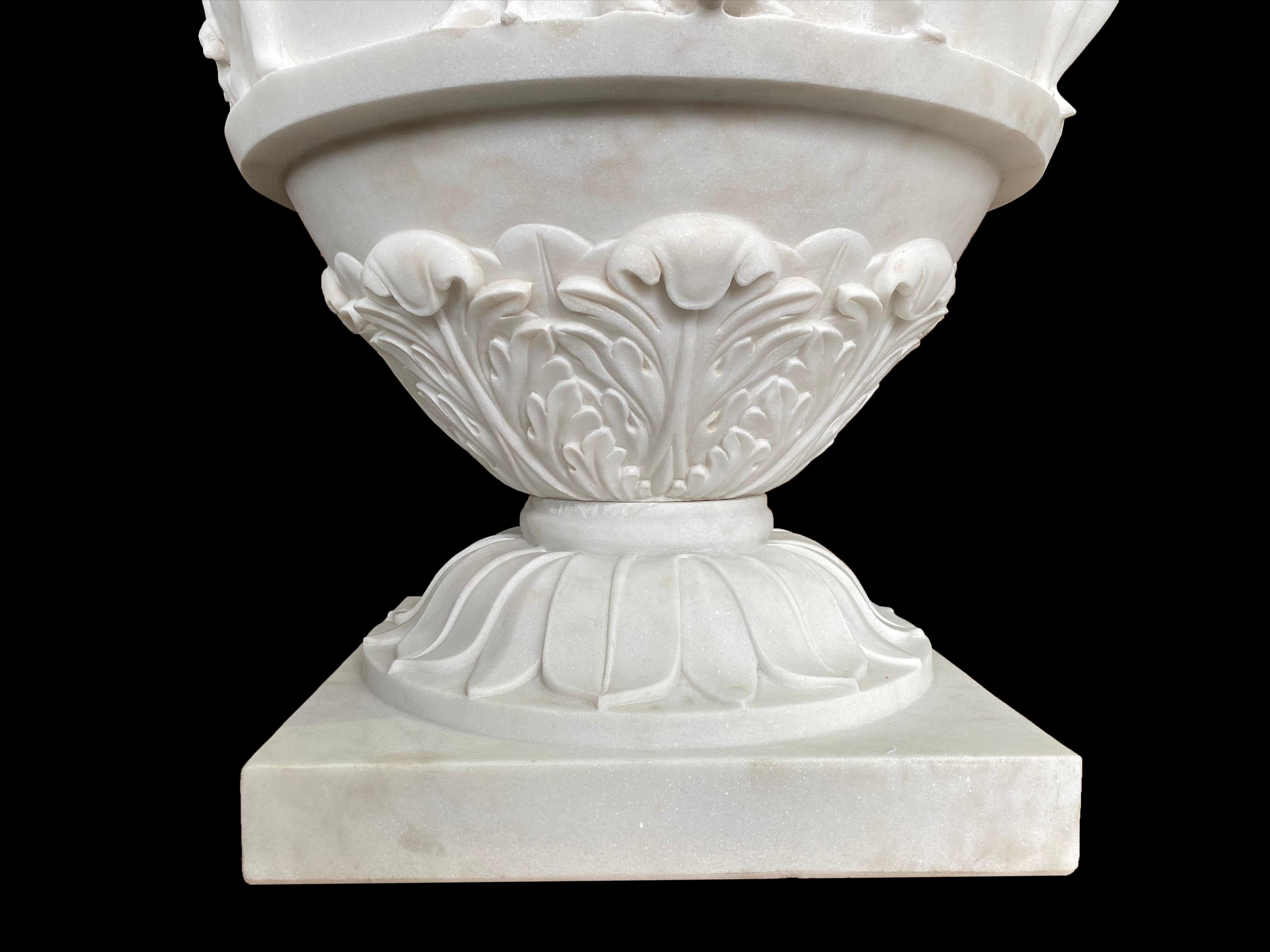 Pair of Ancient Greek Style White Carrara Marble Urns, late 20th Century For Sale 12