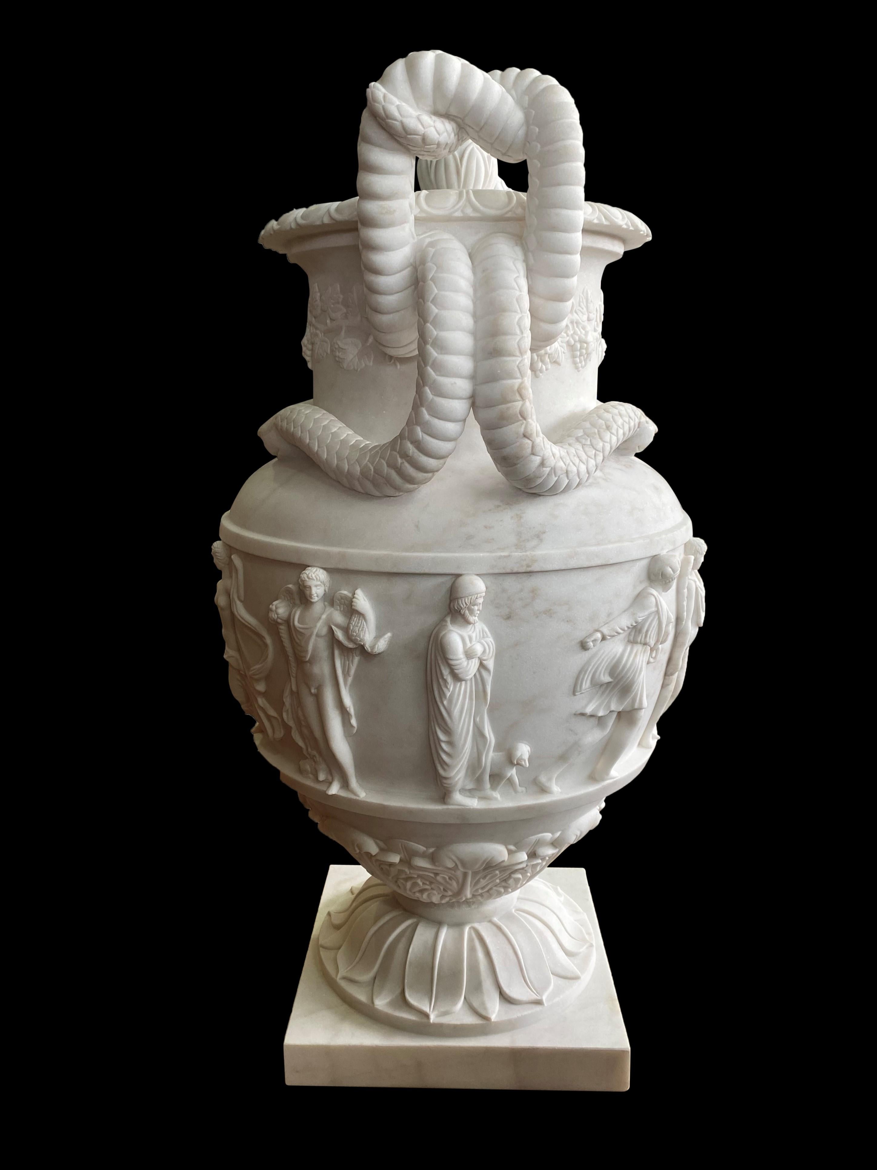 Pair of Ancient Greek Style White Carrara Marble Urns, late 20th Century For Sale 13