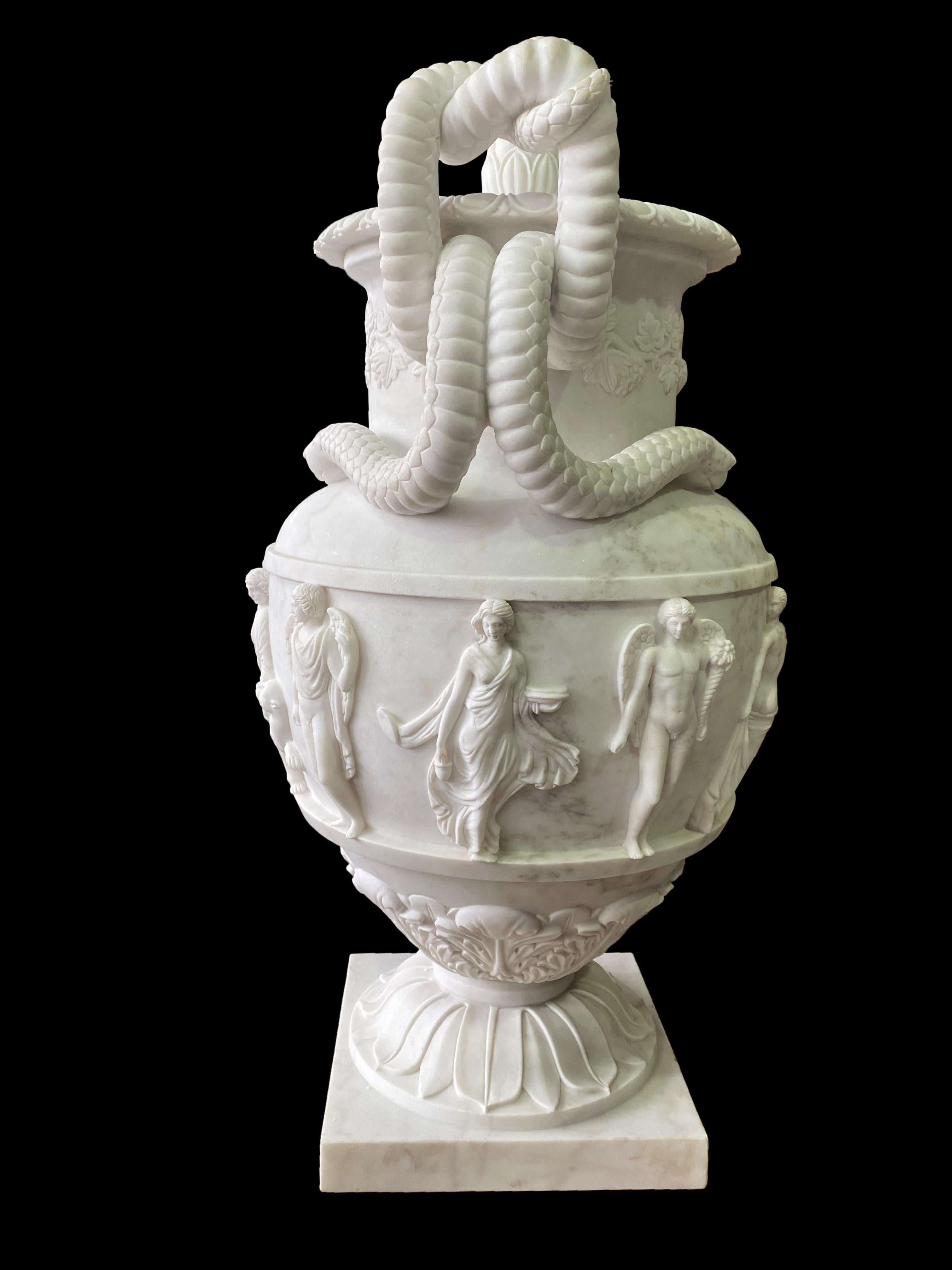Pair of Ancient Greek Style White Carrara Marble Urns, late 20th Century For Sale 14