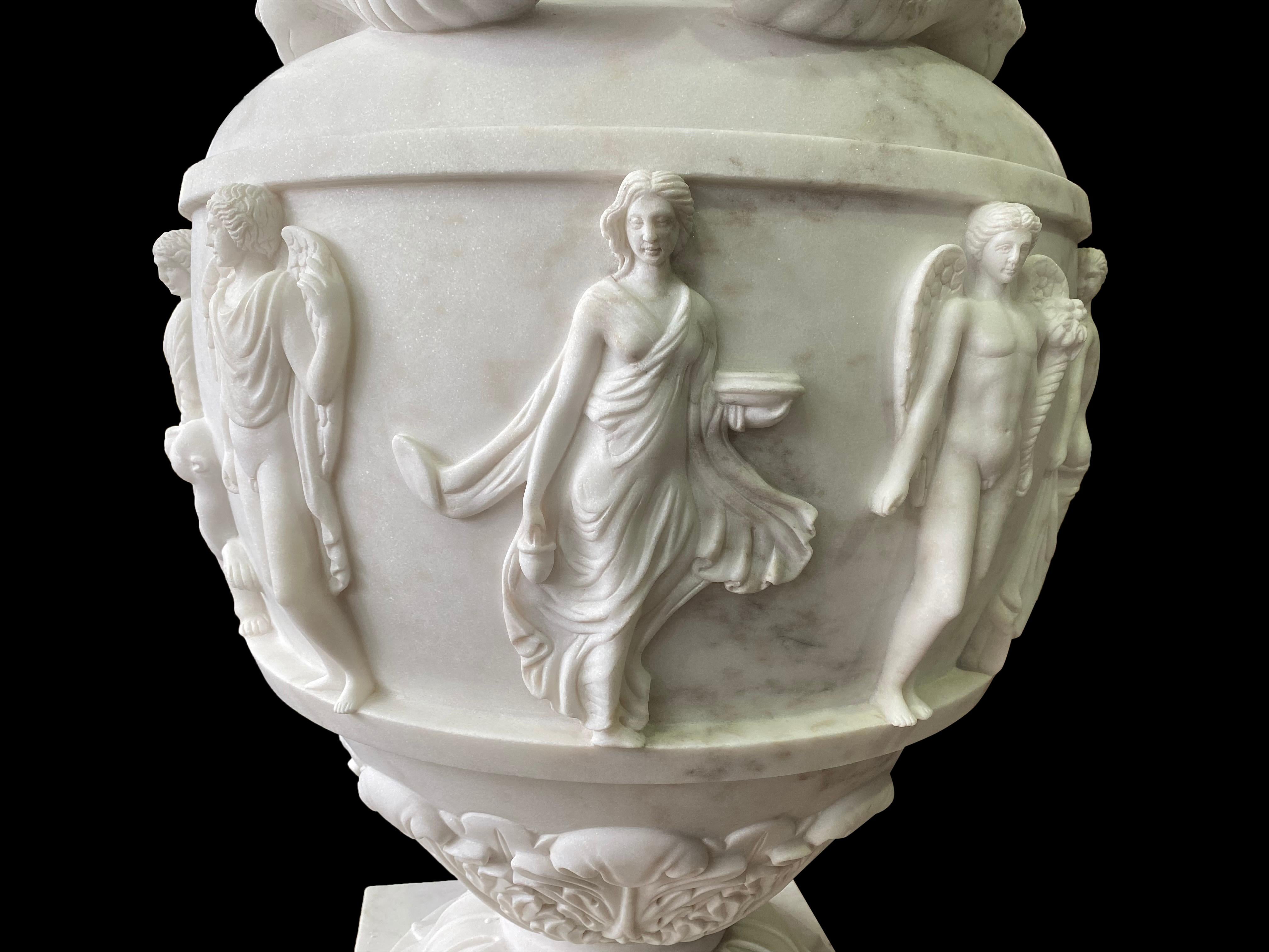 Pair of Ancient Greek Style White Carrara Marble Urns, late 20th Century For Sale 15