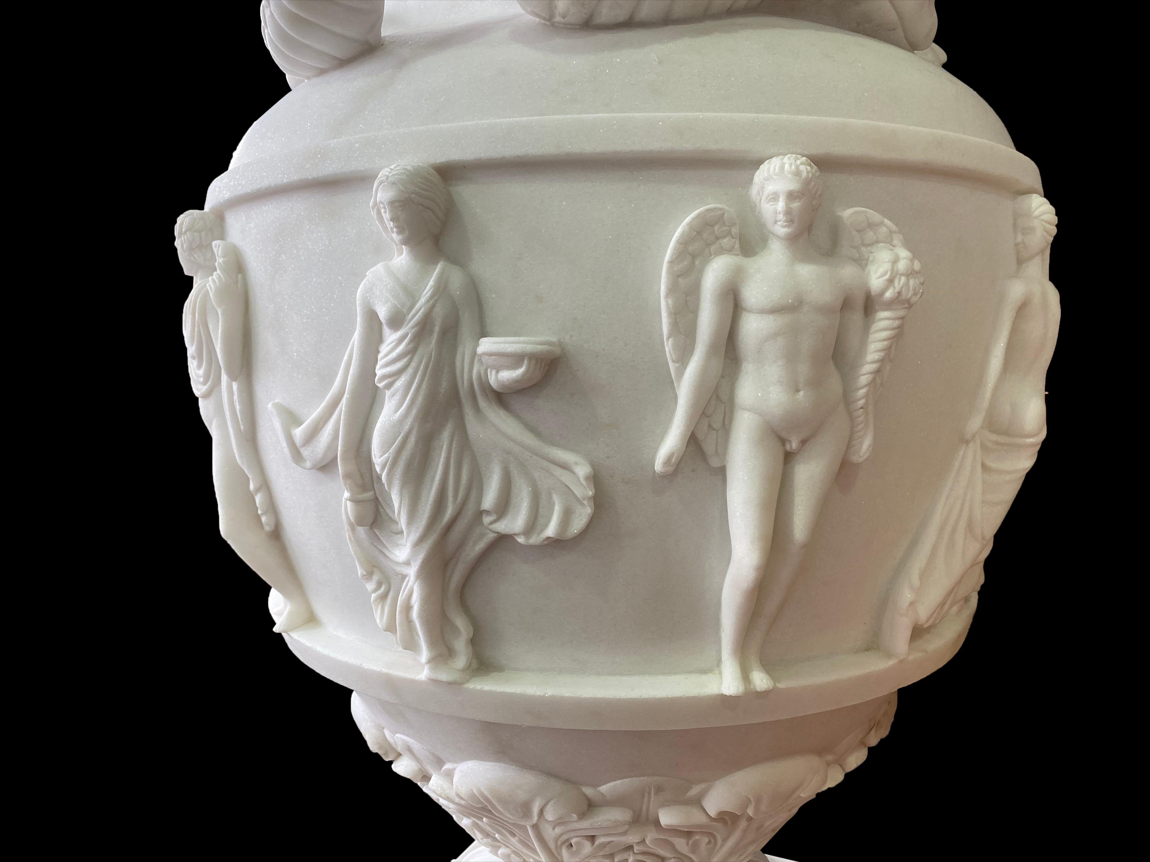 Pair of Ancient Greek Style White Carrara Marble Urns, late 20th Century For Sale 16