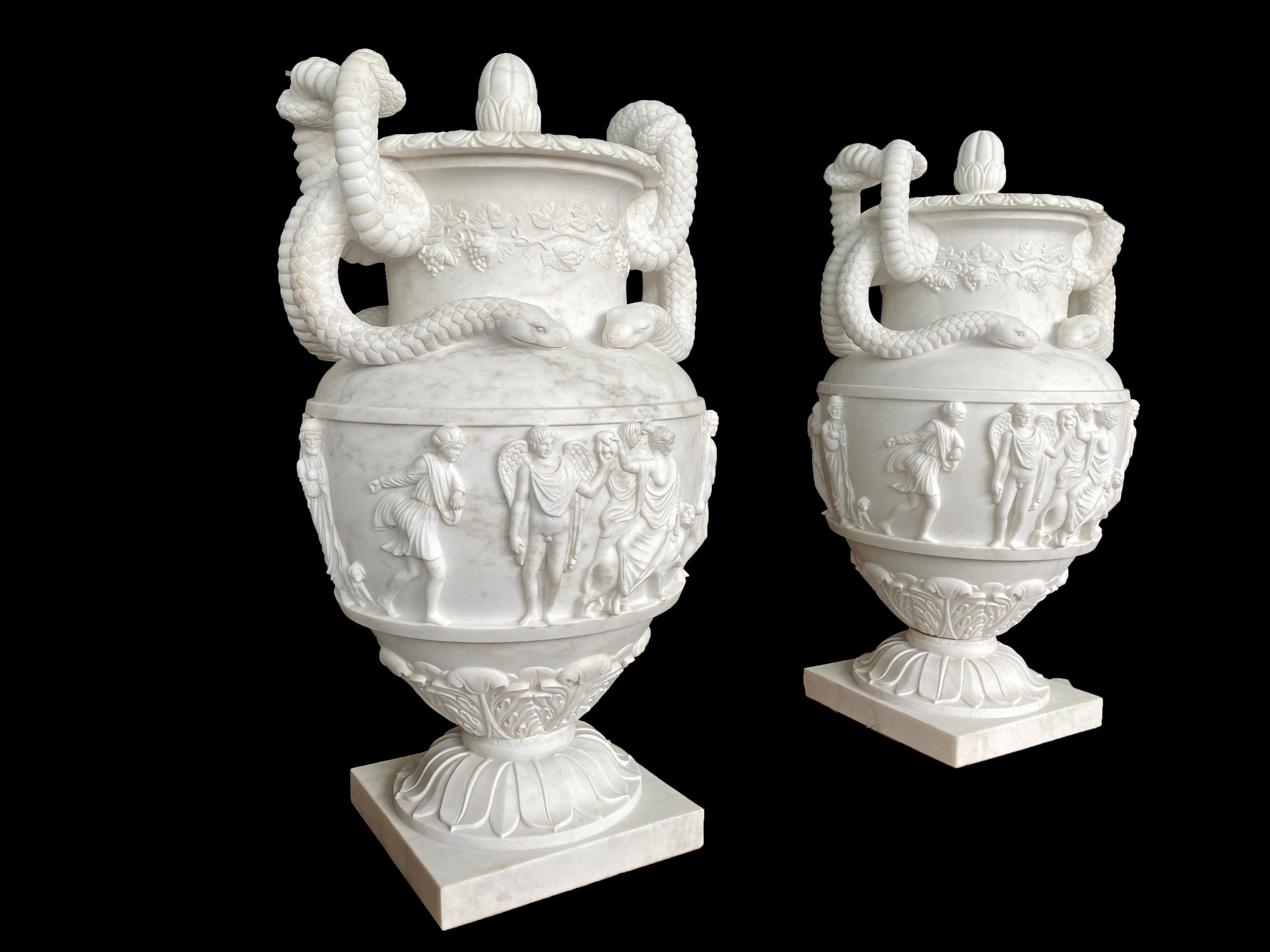 Pair of Ancient Greek Style White Carrara Marble Urns, late 20th Century In Excellent Condition For Sale In London, GB