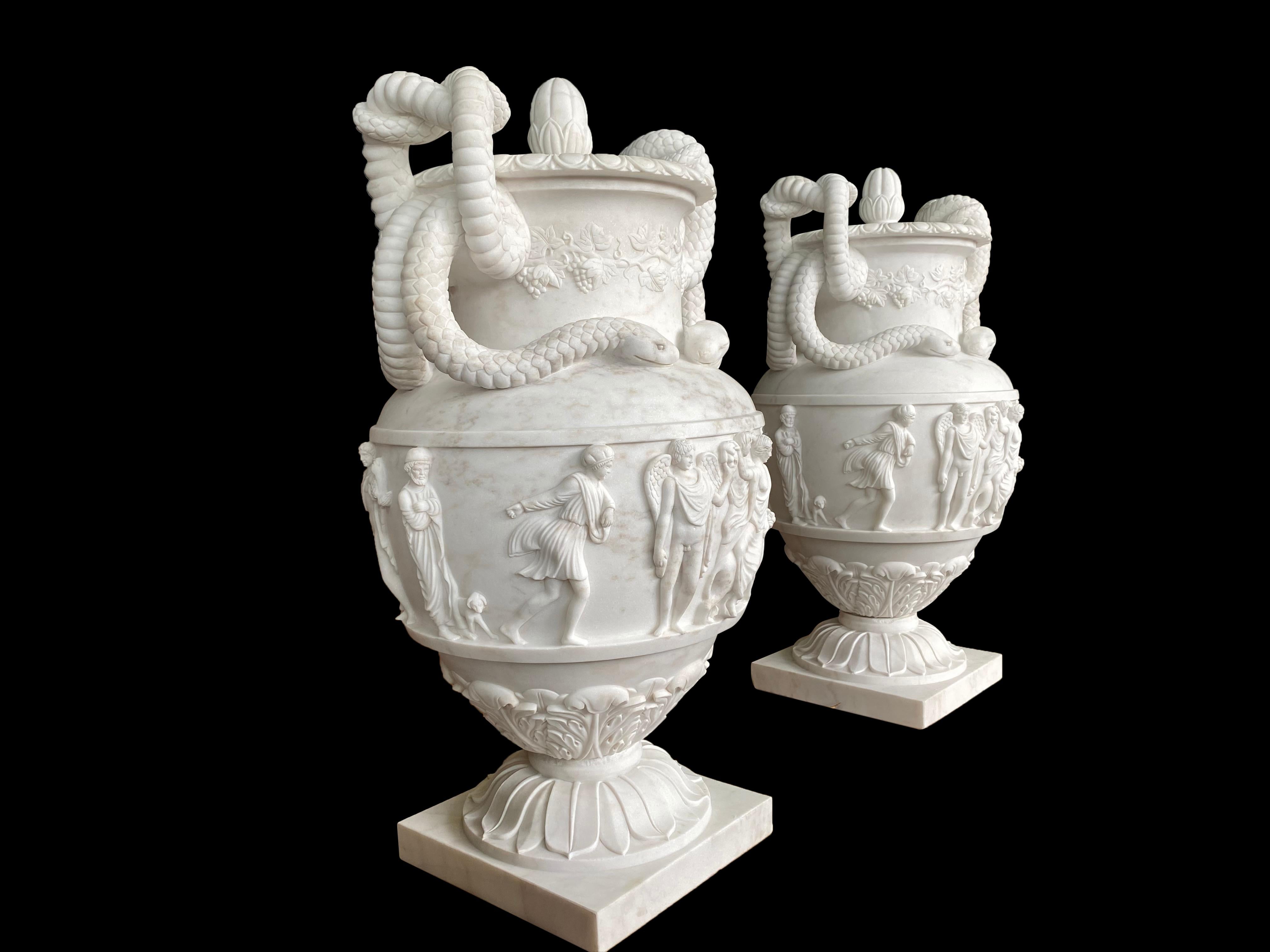 Pair of Ancient Greek Style White Carrara Marble Urns, late 20th Century For Sale 1