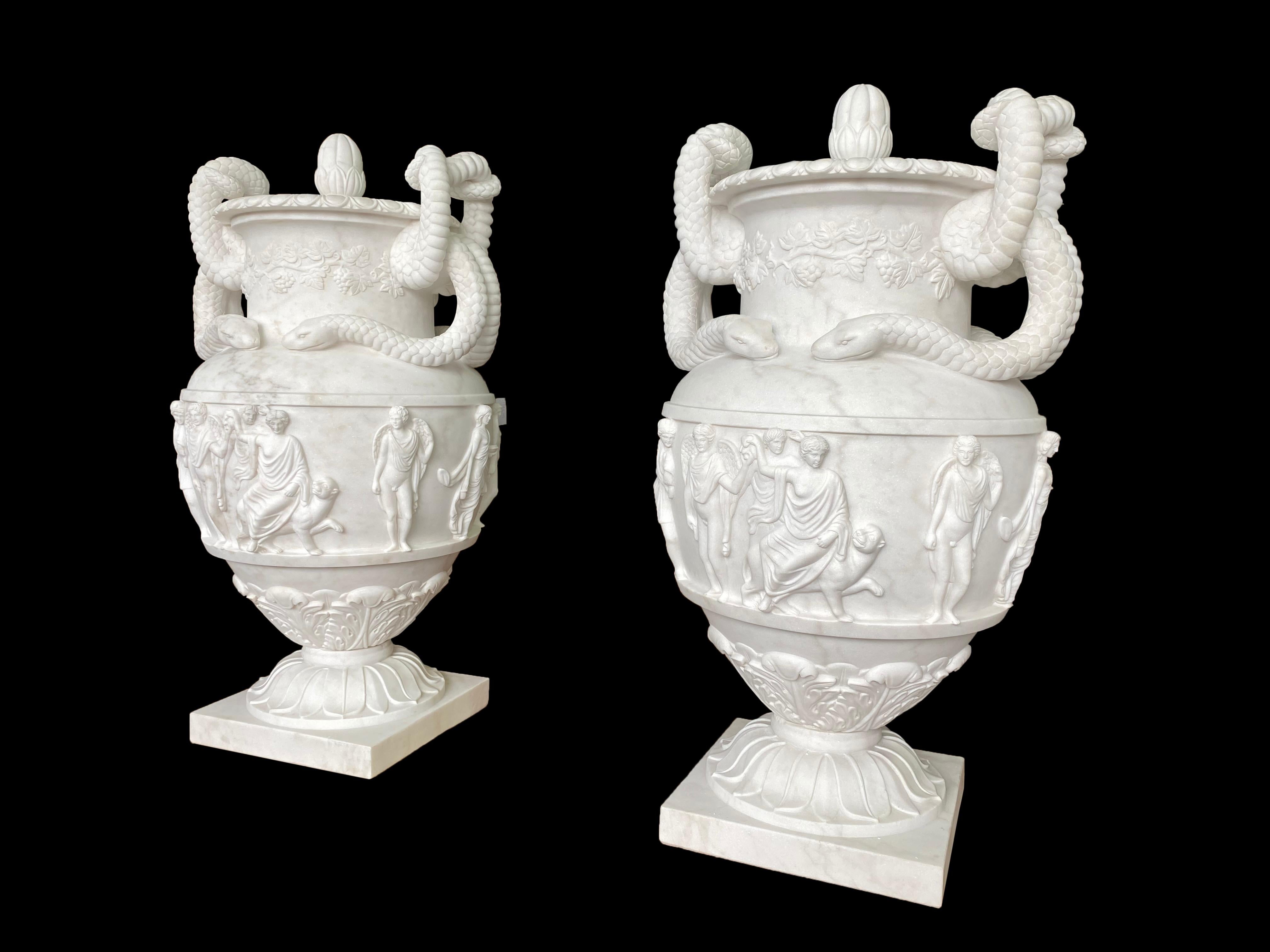 Pair of Ancient Greek Style White Carrara Marble Urns, late 20th Century For Sale 2