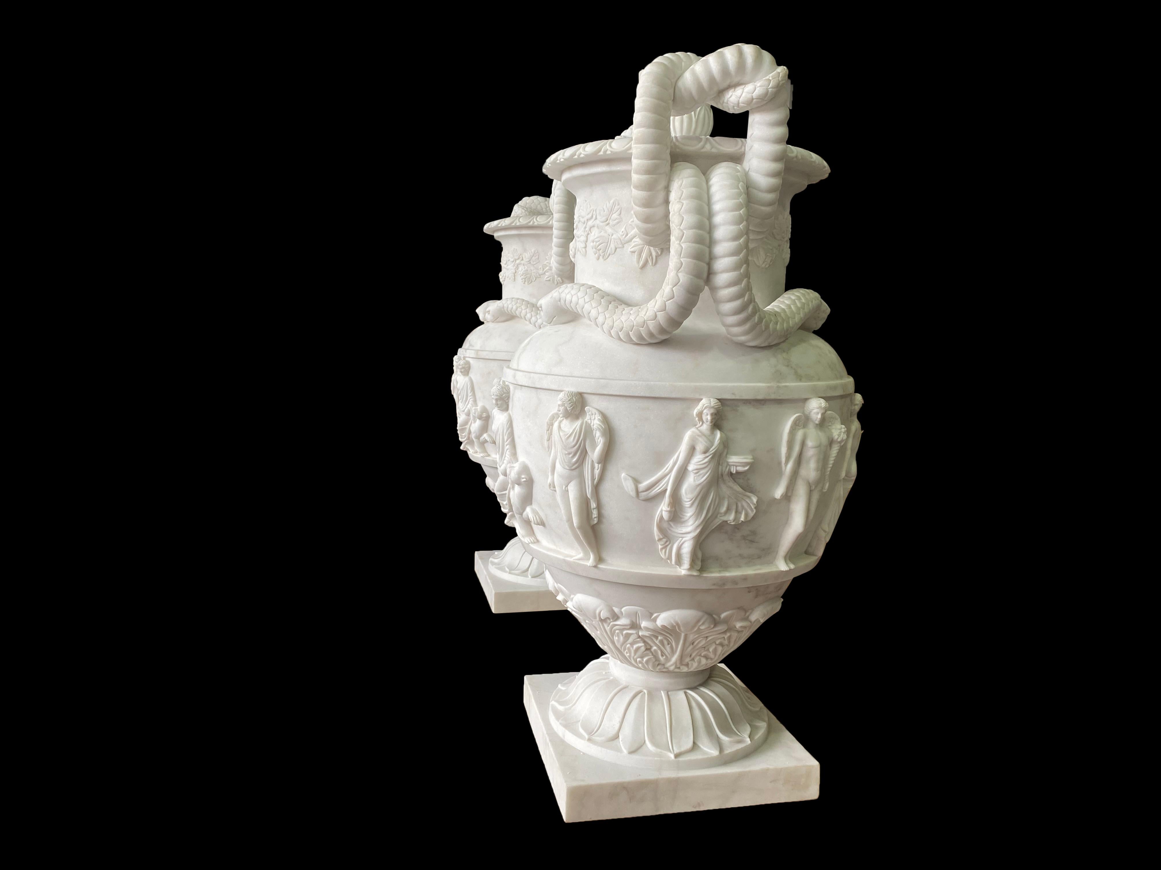Pair of Ancient Greek Style White Carrara Marble Urns, late 20th Century For Sale 3