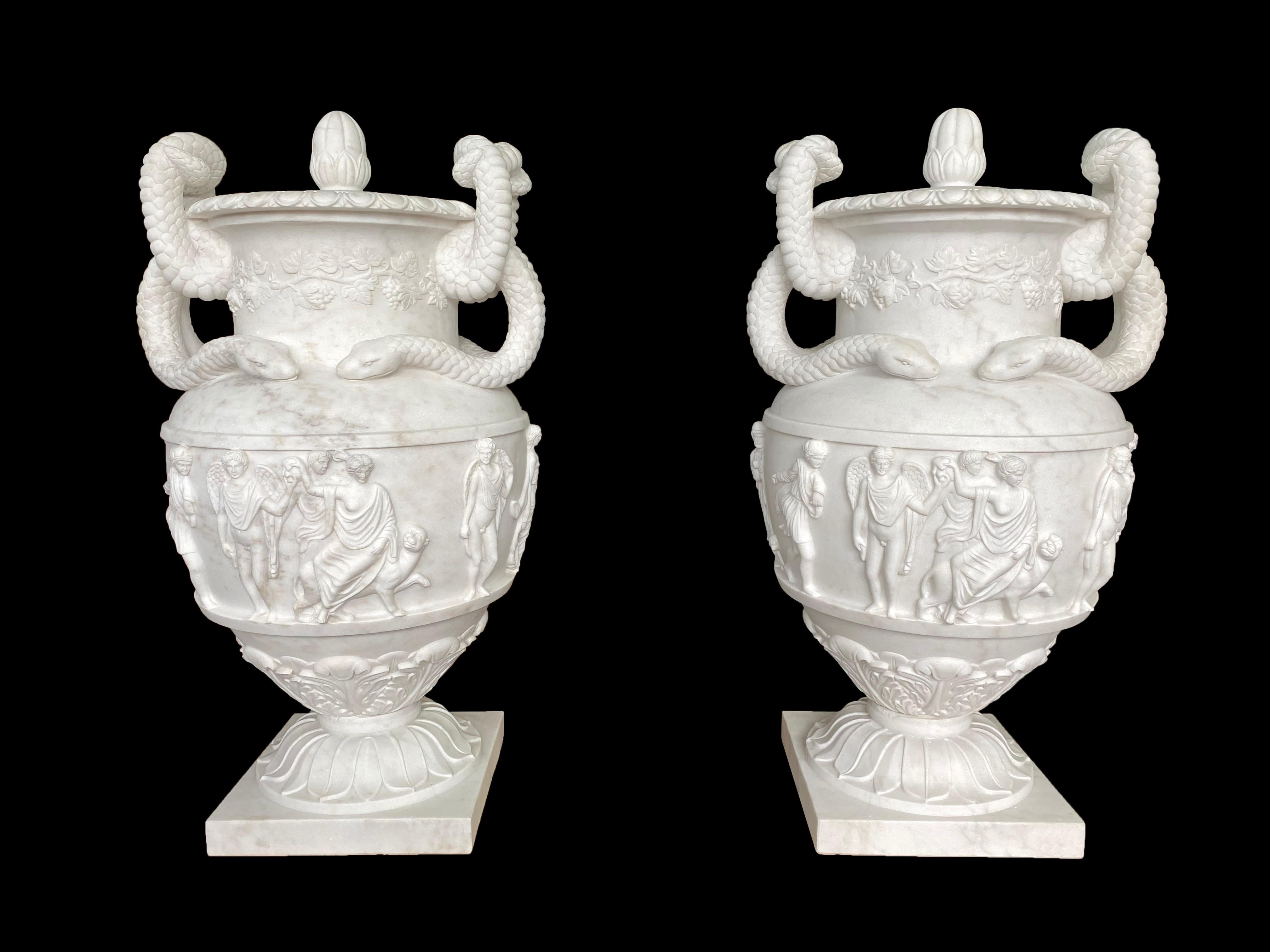 Pair of Ancient Greek Style White Carrara Marble Urns, late 20th Century For Sale 4