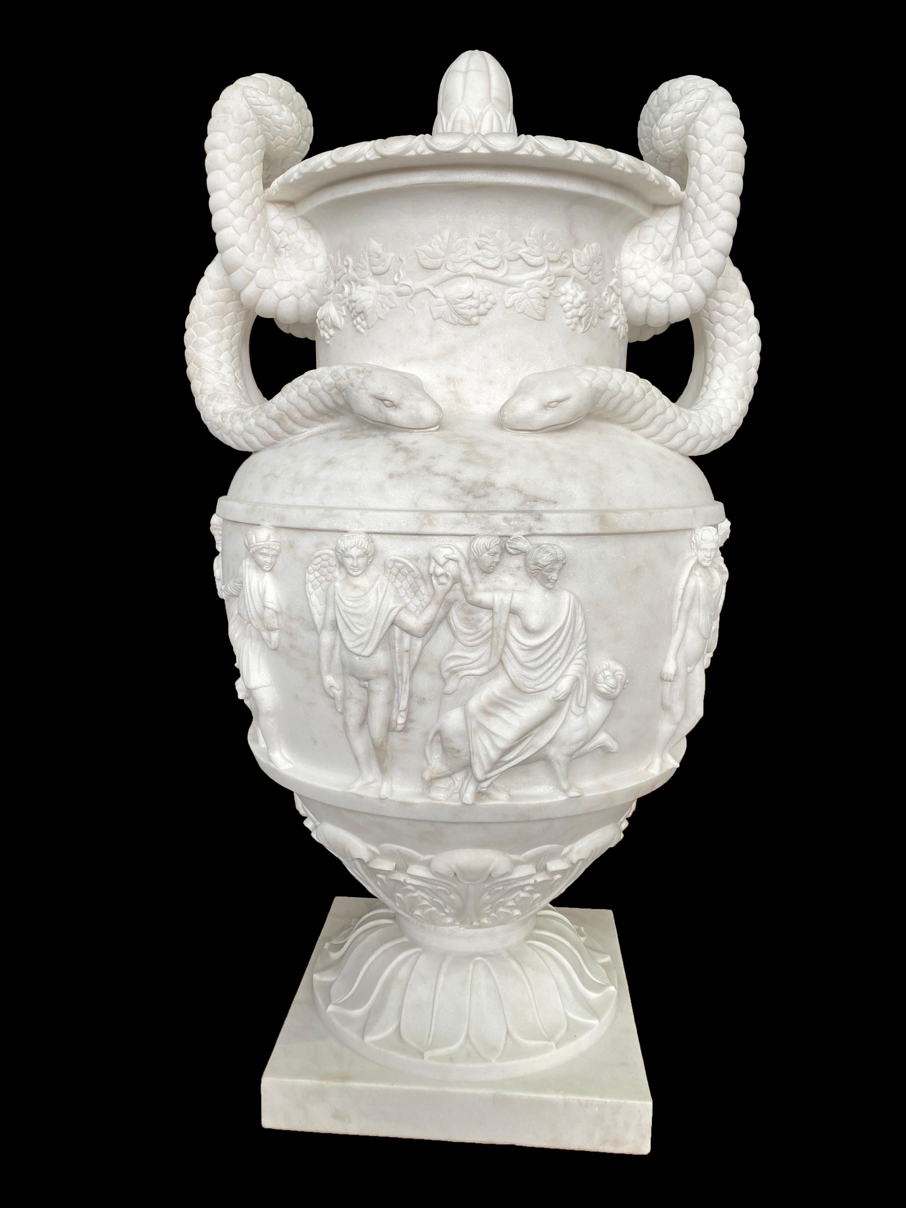 Pair of Ancient Greek Style White Carrara Marble Urns, late 20th Century For Sale 5