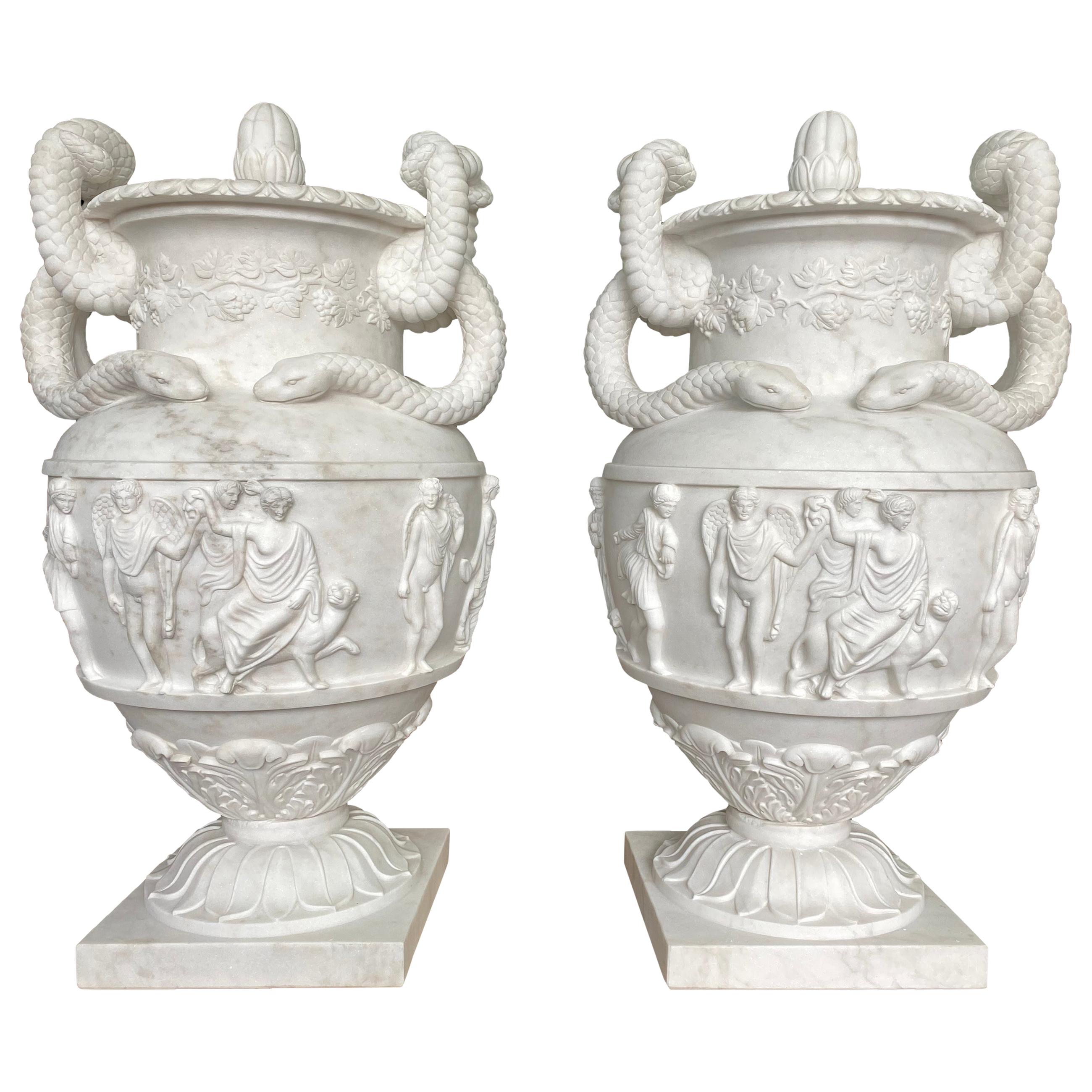 Pair of Ancient Greek Style White Carrara Marble Urns, late 20th Century For Sale