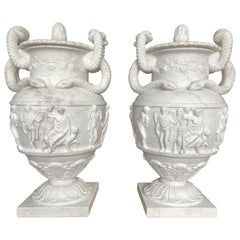 Vintage Pair of Ancient Greek Style White Carrara Marble Urns, late 20th Century