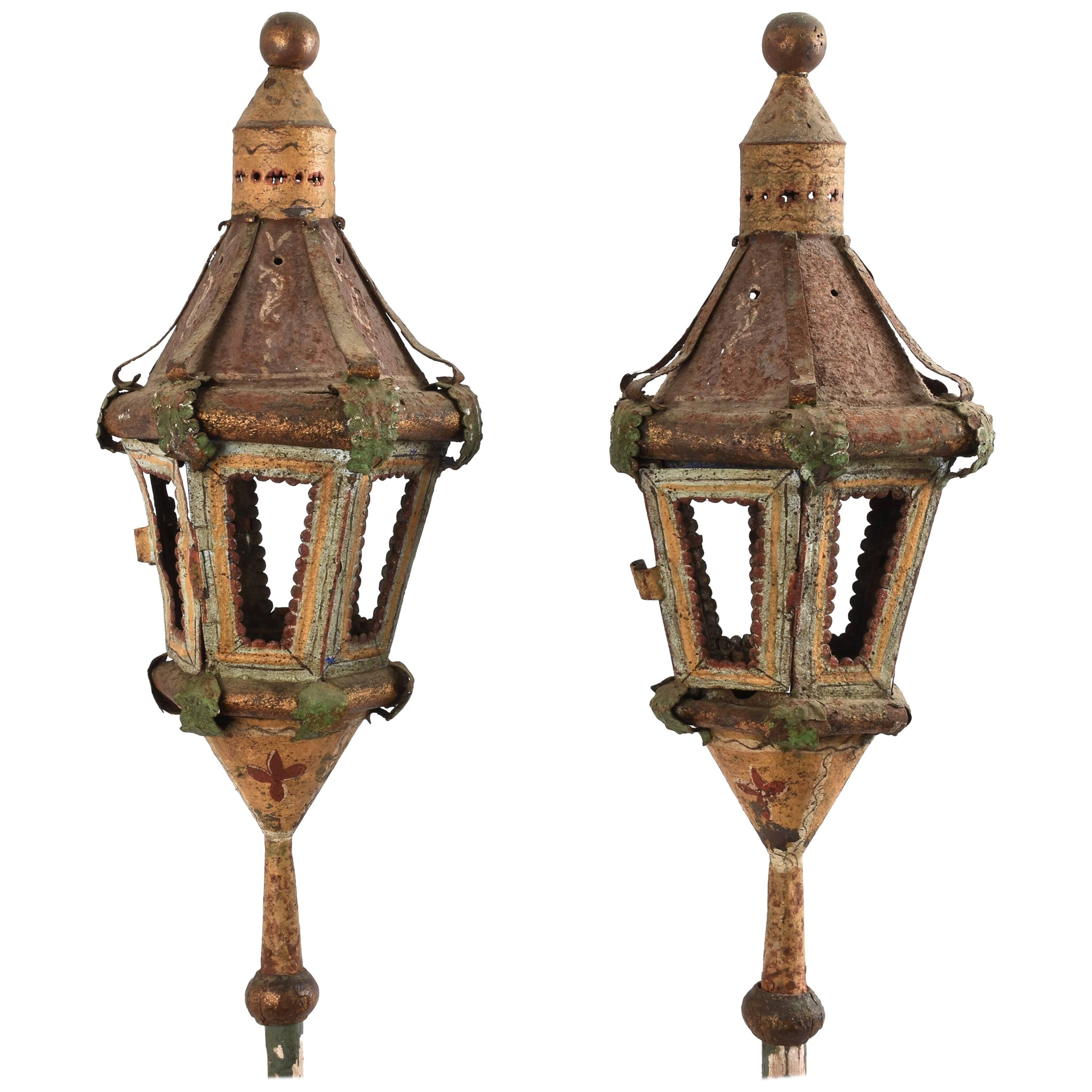Pair of Ancient Processional Lantern Lamp, Painted Sheet Metal Venice, 1700 Era
