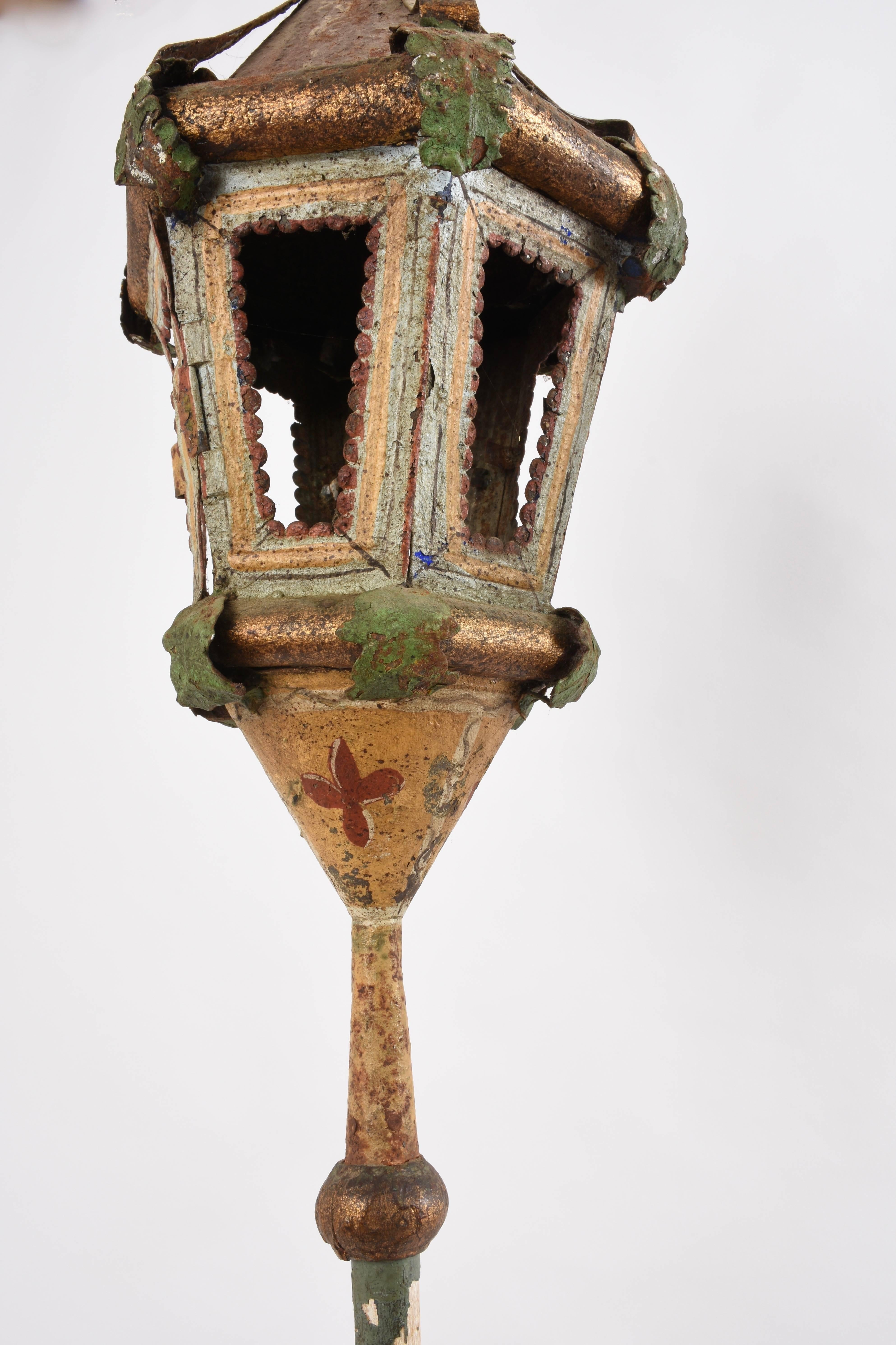 Wood Pair of Ancient Processional Lantern Lamp, Painted Sheet Metal Venice, 1700 Era