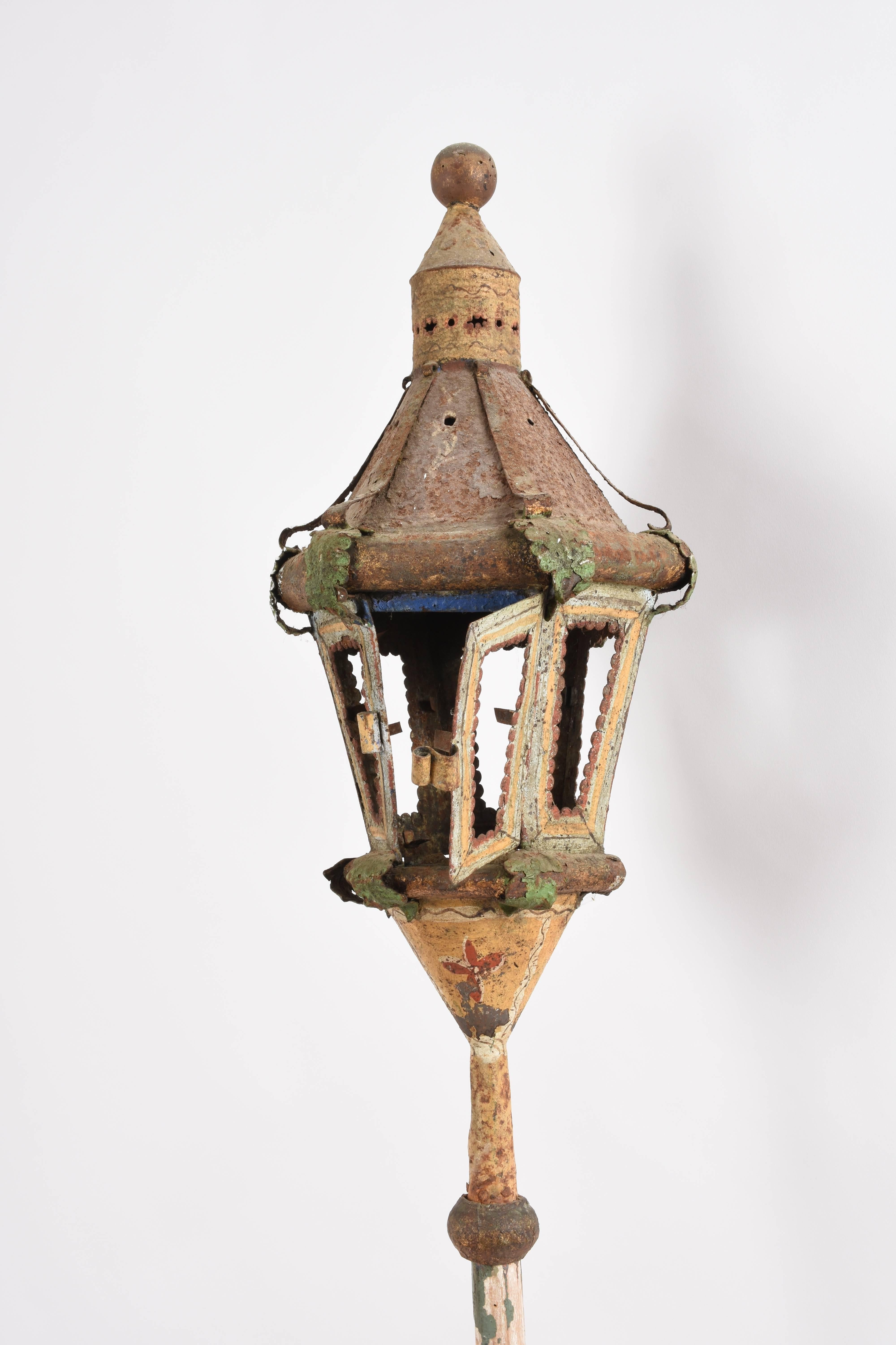 Other Pair of Ancient Processional Lantern Lamp, Painted Sheet Metal Venice, 1700 Era