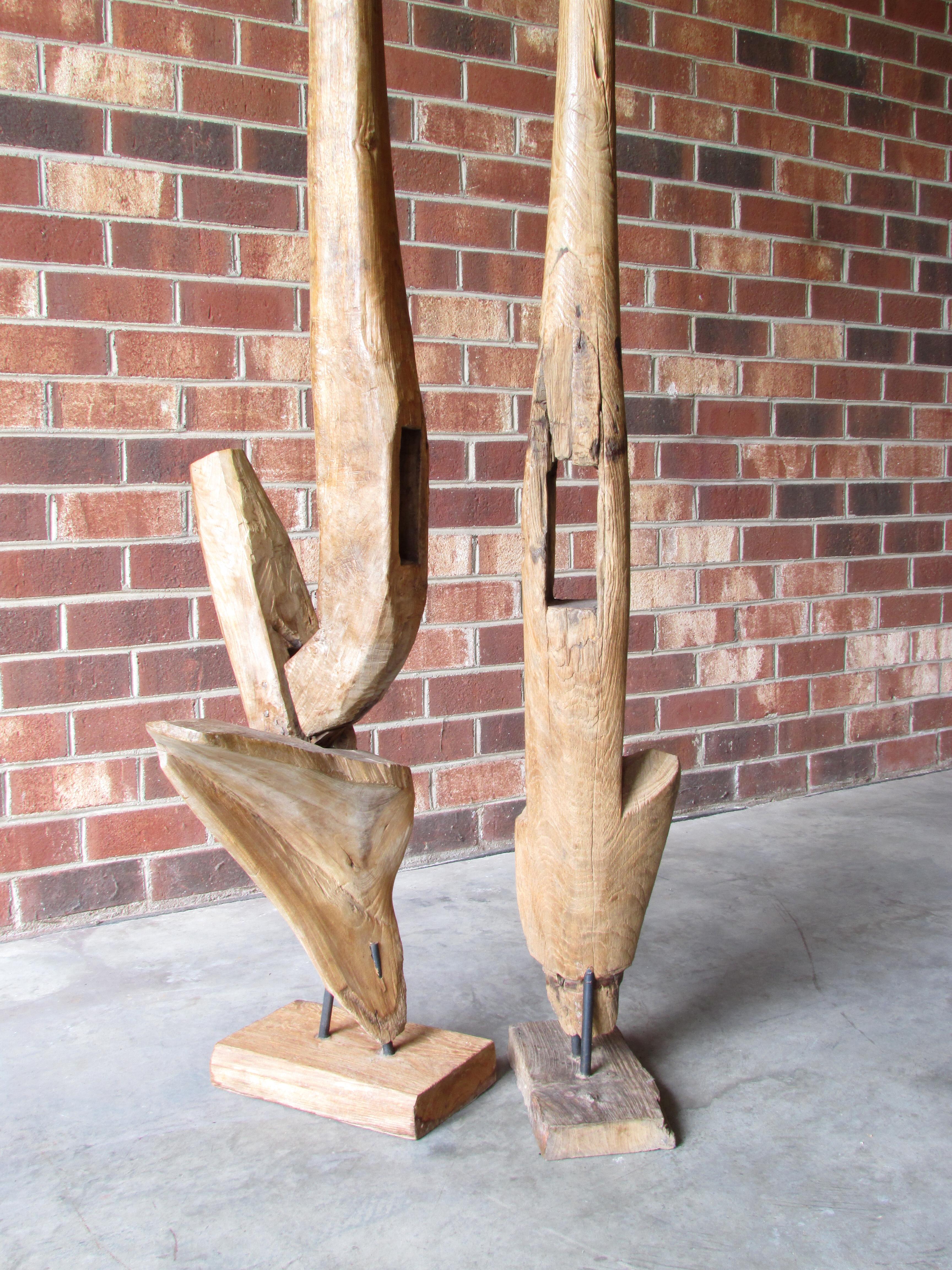 Pair of Ancient Wooden Farm Implements Mounted as Sculpture For Sale 1