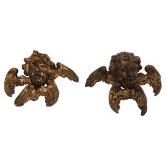 Pair of Ancient Wooden Gilded Angel Heads, 18th Century