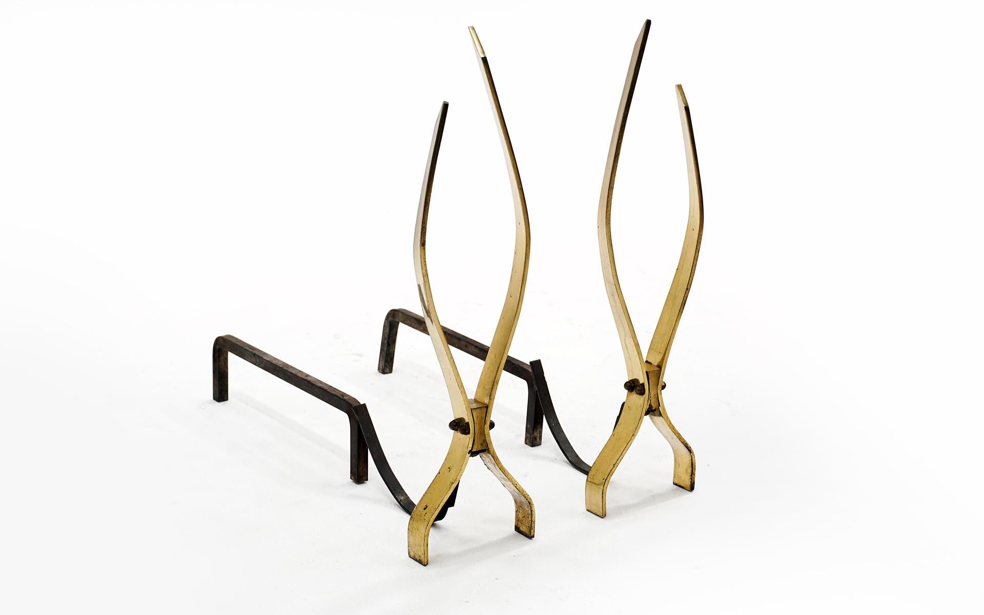 Mid-Century Modern Pair of Andirons, Brass and Iron, in the Style of Donald Deskey For Sale