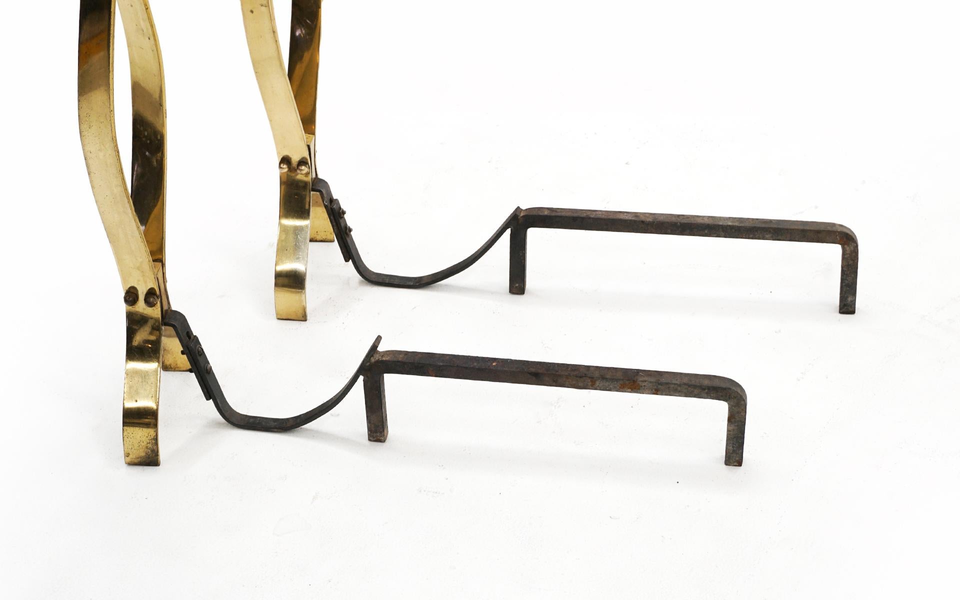 Pair of Andirons, Brass and Iron, in the Style of Donald Deskey In Good Condition For Sale In Kansas City, MO