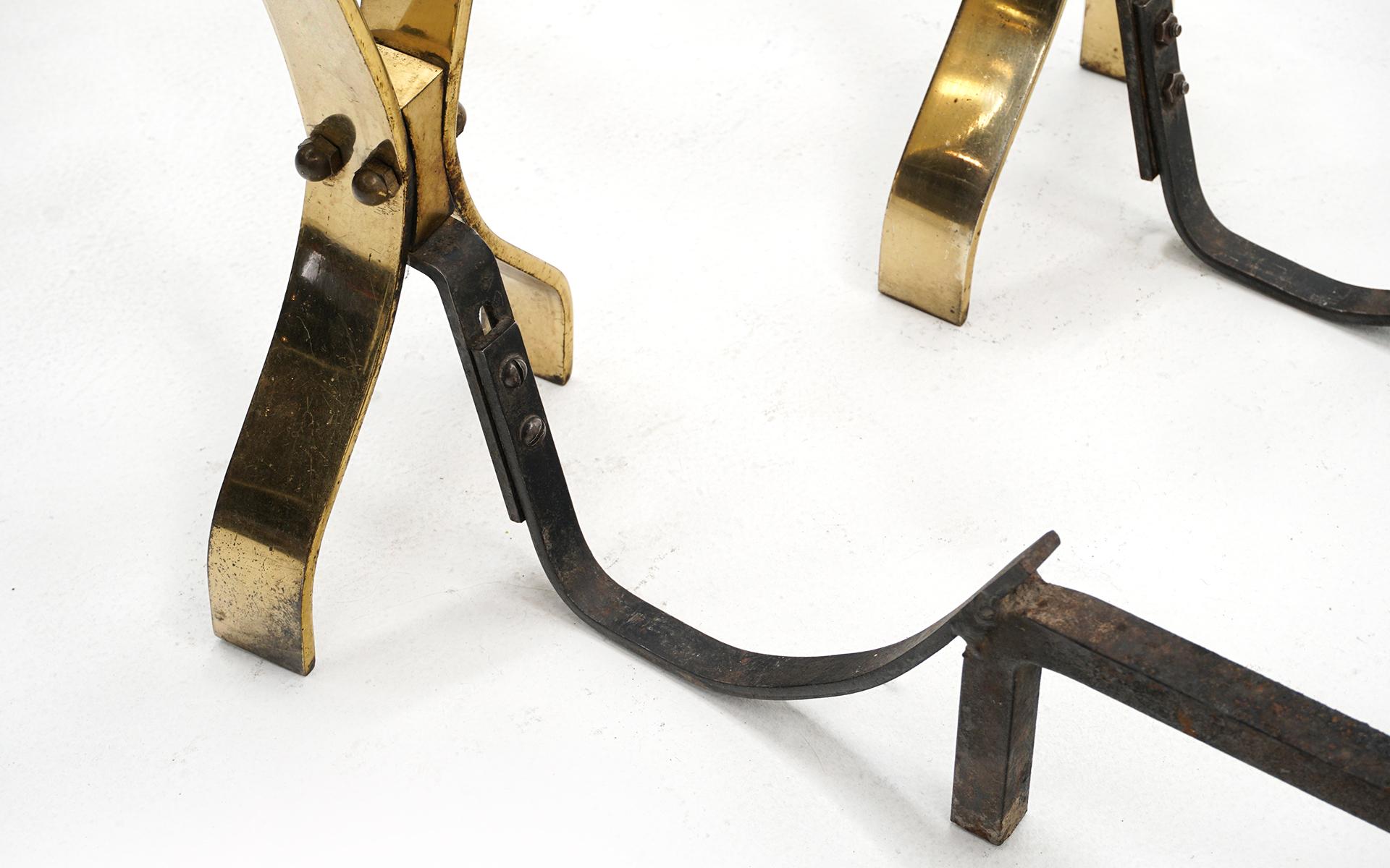 Late 20th Century Pair of Andirons, Brass and Iron, in the Style of Donald Deskey For Sale