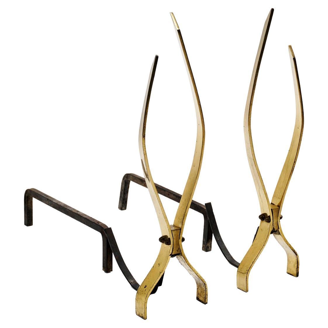 Pair of Andirons, Brass and Iron, in the Style of Donald Deskey