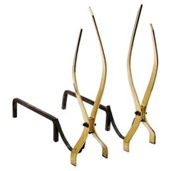 Used Pair of Andirons, Brass and Iron, in the Style of Donald Deskey