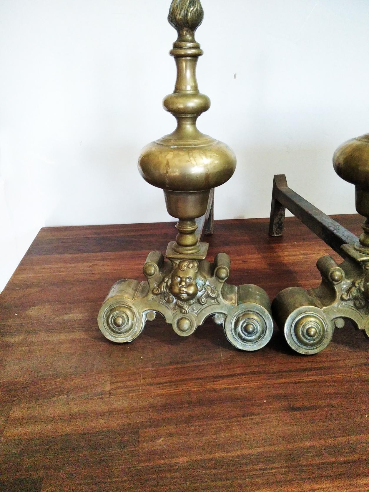 Andirons, Brass & Iron, or Bronze Good Queen Anne, England For Sale 7