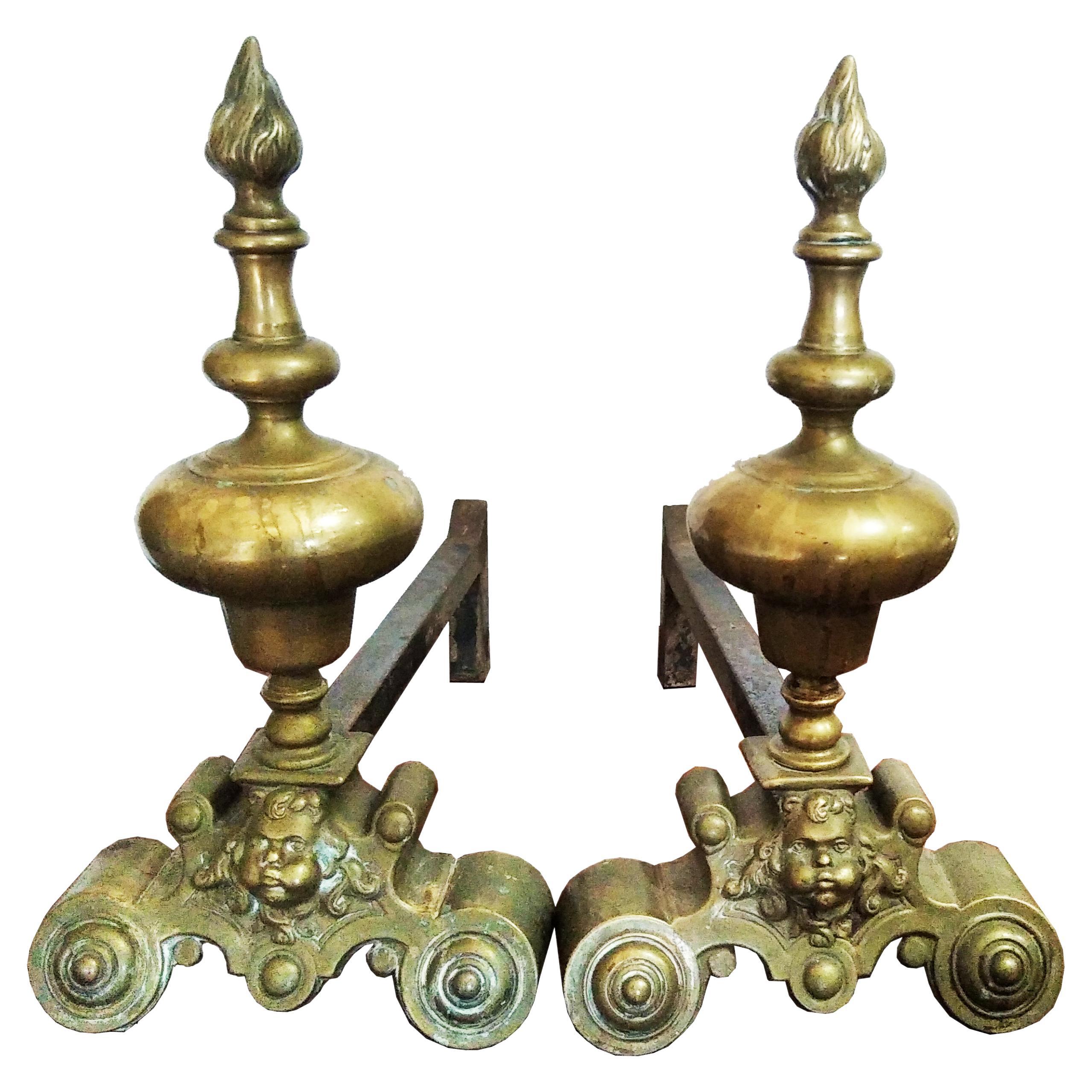 Andirons, Brass & Iron, or Bronze Good Queen Anne, England For Sale