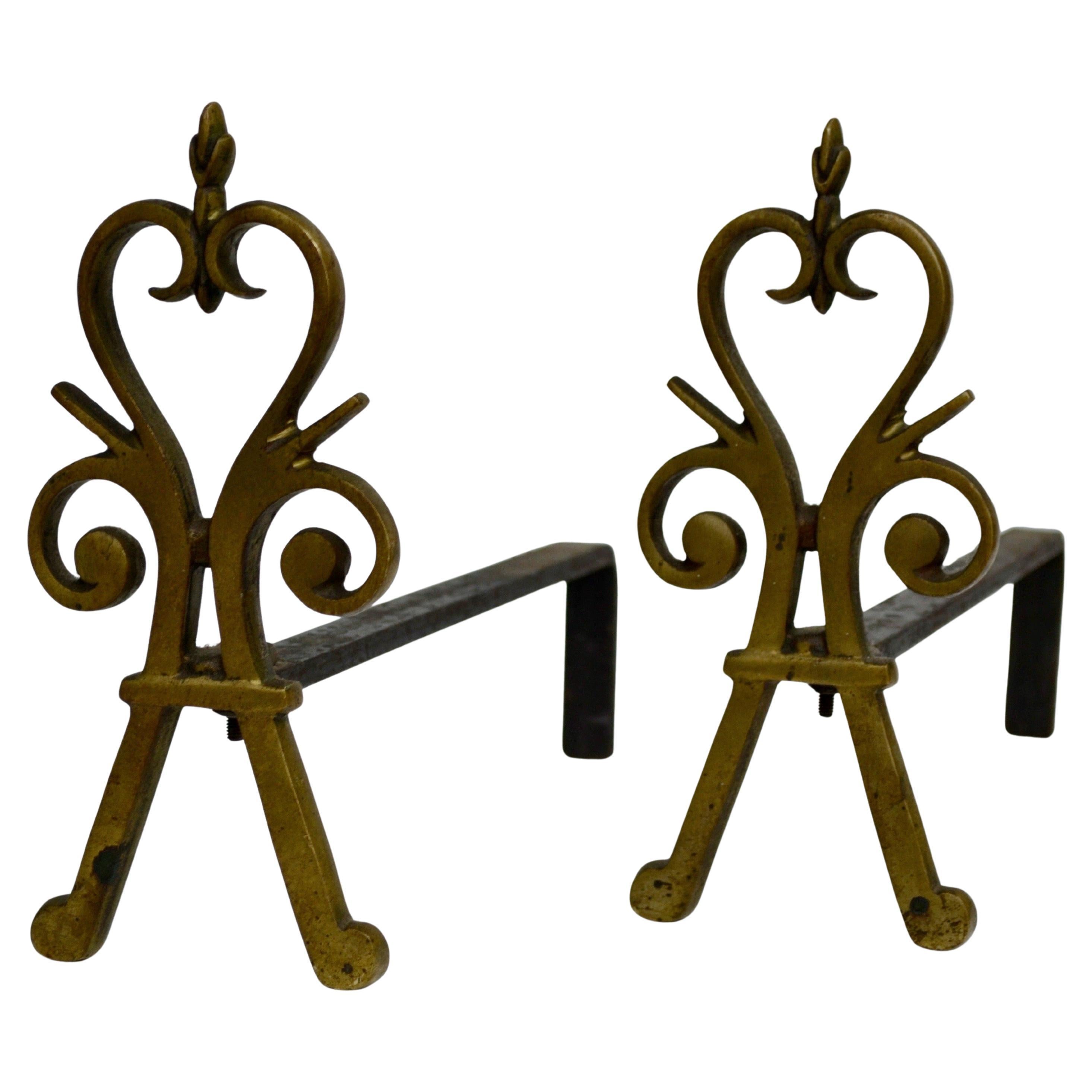 Pair of Andirons in Bronze and Steel France, circa 1950