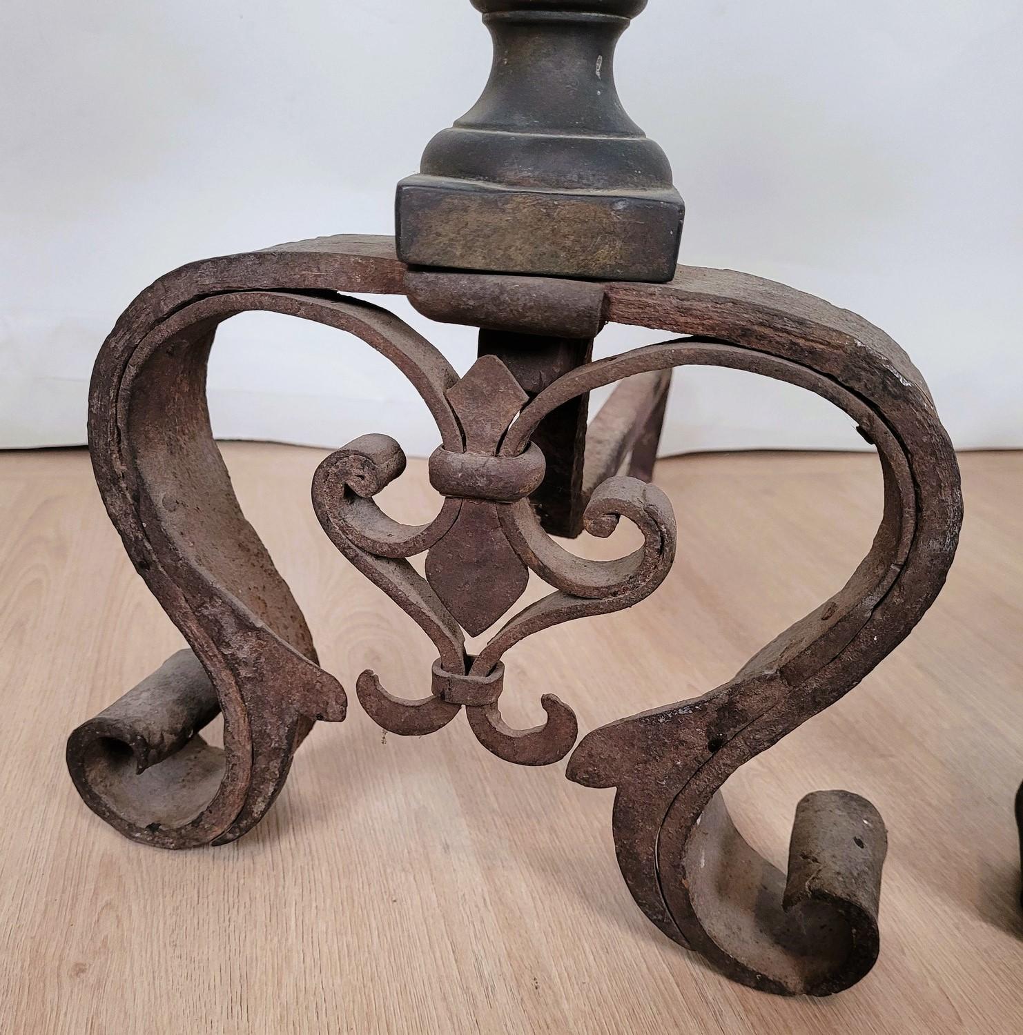 Pair Of Andirons In Bronze And Wrought Iron, 19th Century For Sale 1