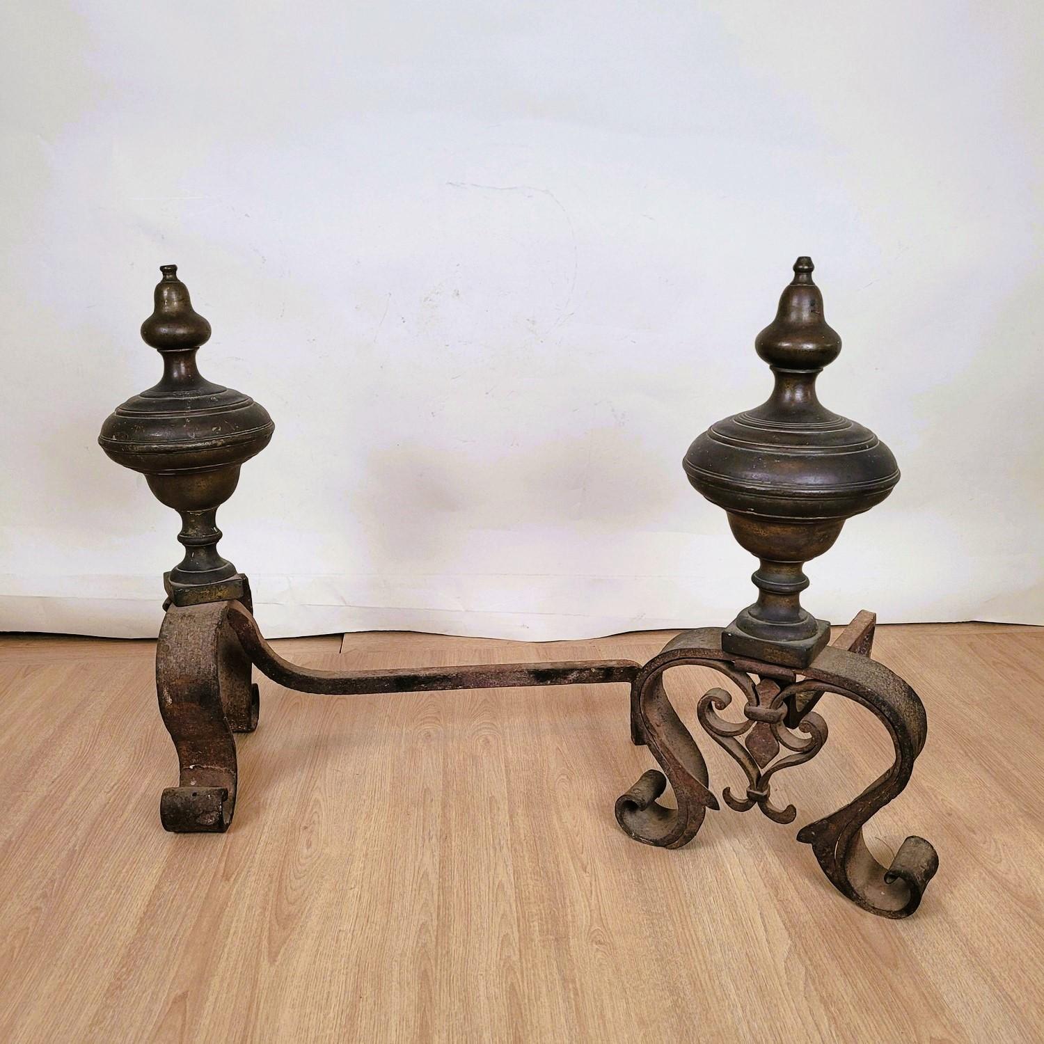 Pair Of Andirons In Bronze And Wrought Iron, 19th Century For Sale 3